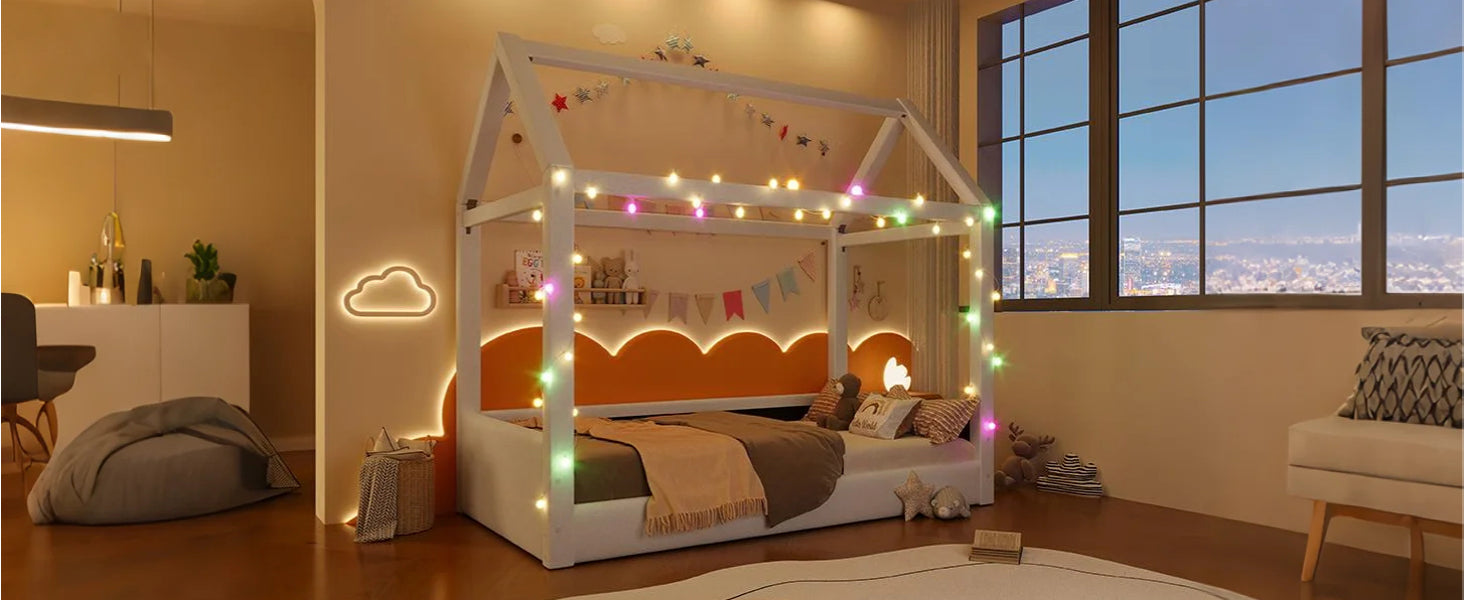 Upholstered Daybed 90x200cm LED Light Strips - Beige