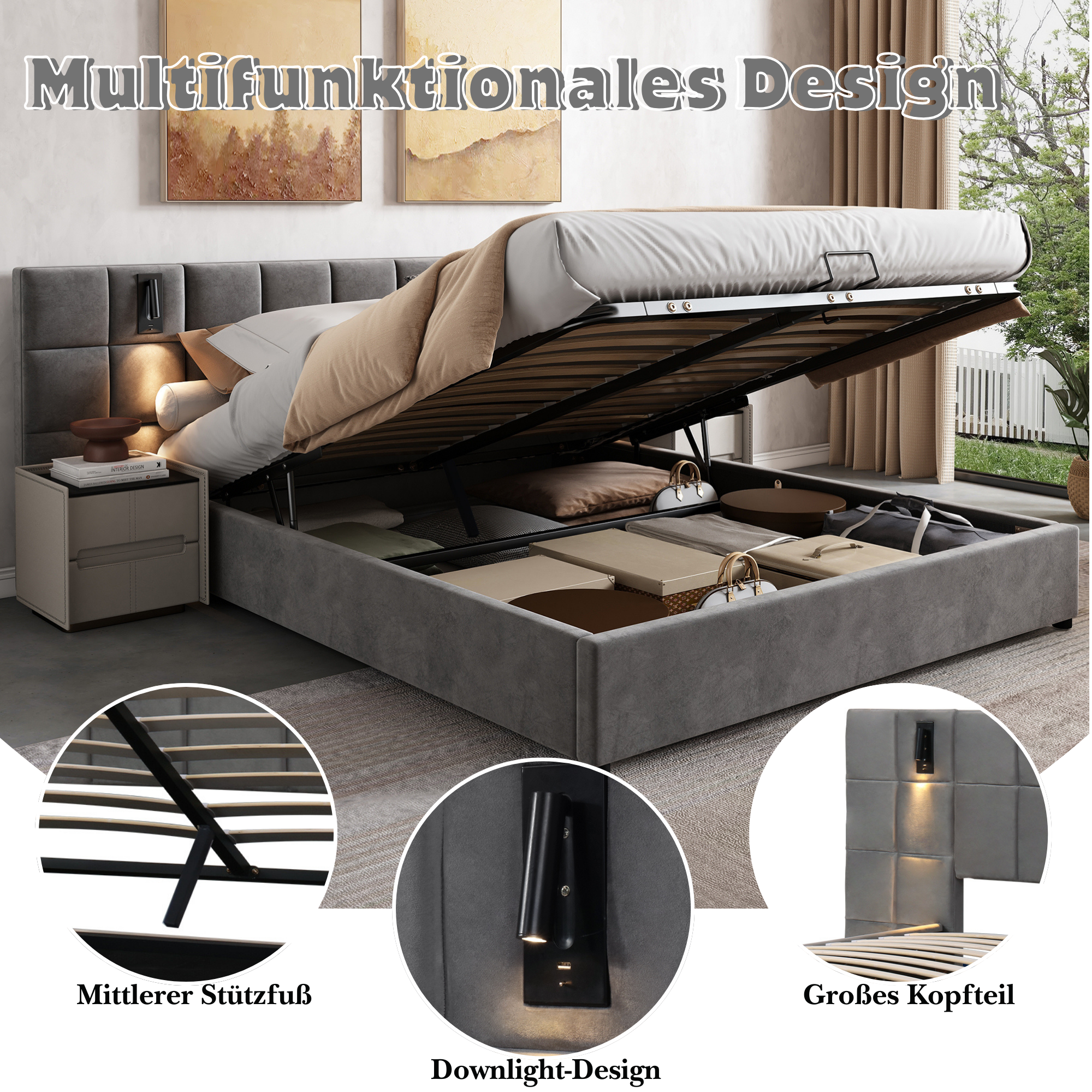Upholstered Bed with Hydraulic Storage, Lamp and USB Charging, 180x200cm, Grey Velvet