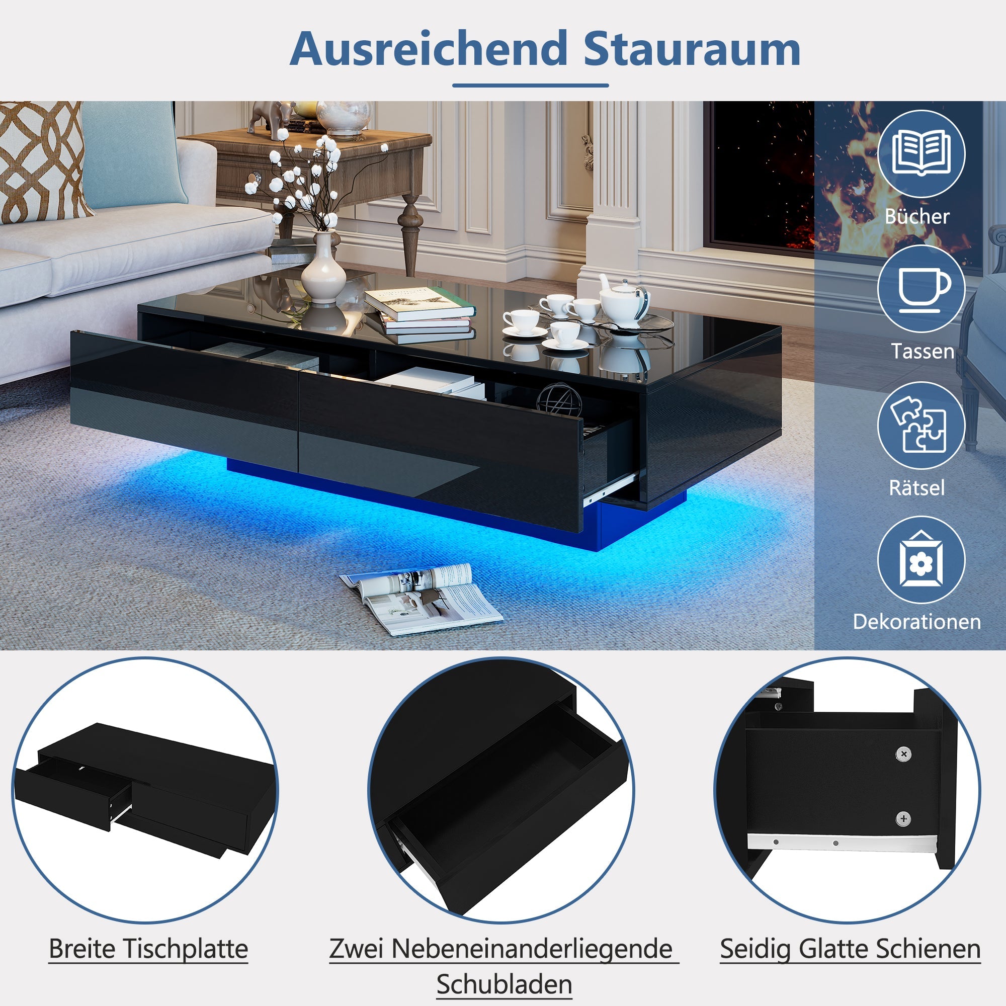 Modern Coffee Table, 115x55x34cm with 2 Drawers, LED Lighting, Black High-Gloss