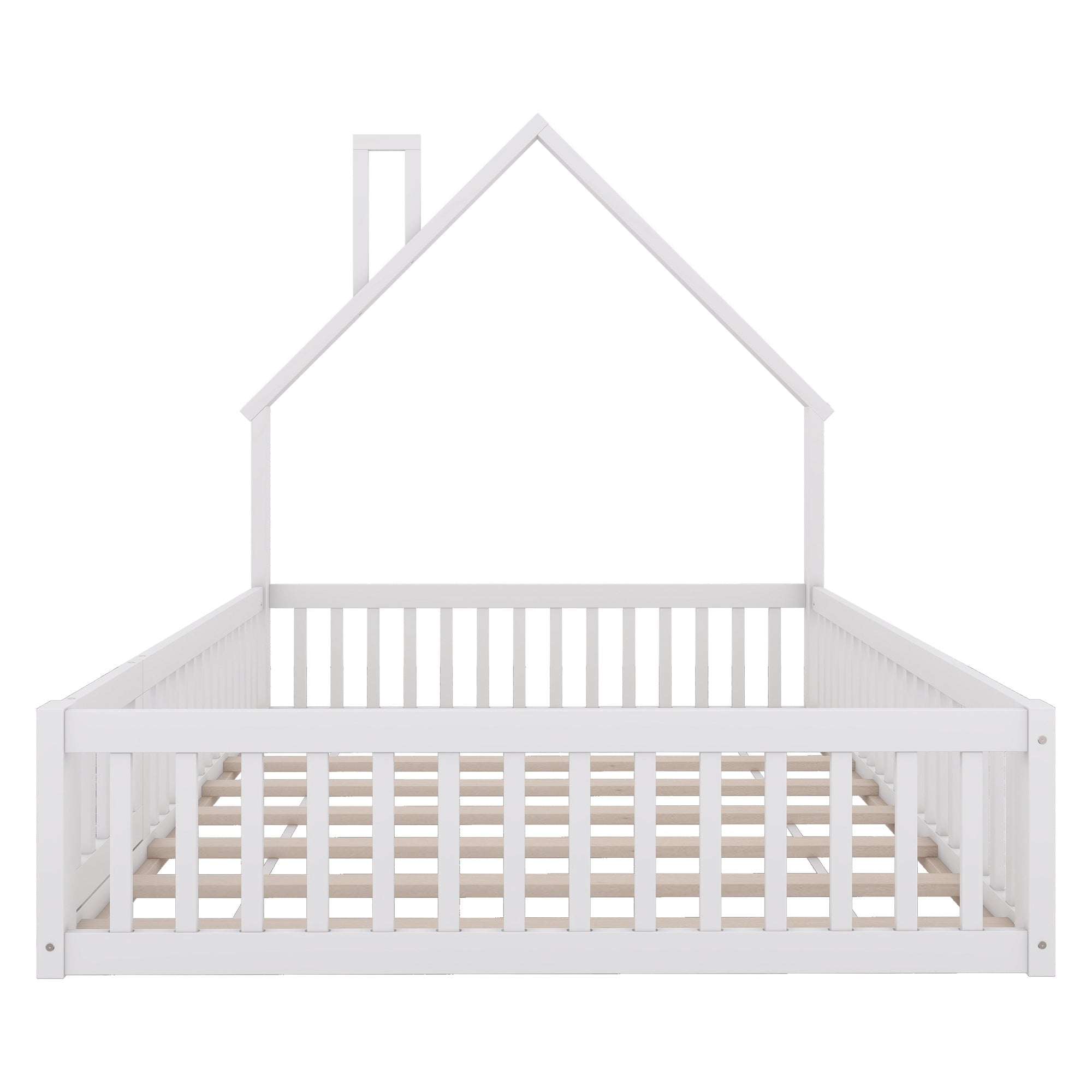Children's House Bed 140x200cm Chimney Shape Slatted Base Pine Wood White