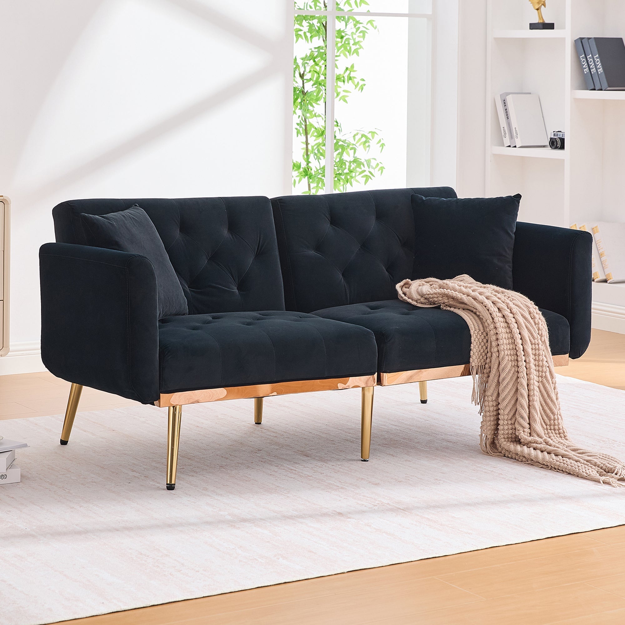 Loveseat, 2-Seater Sofa Bed with Adjustable Backrest, Black Velvet