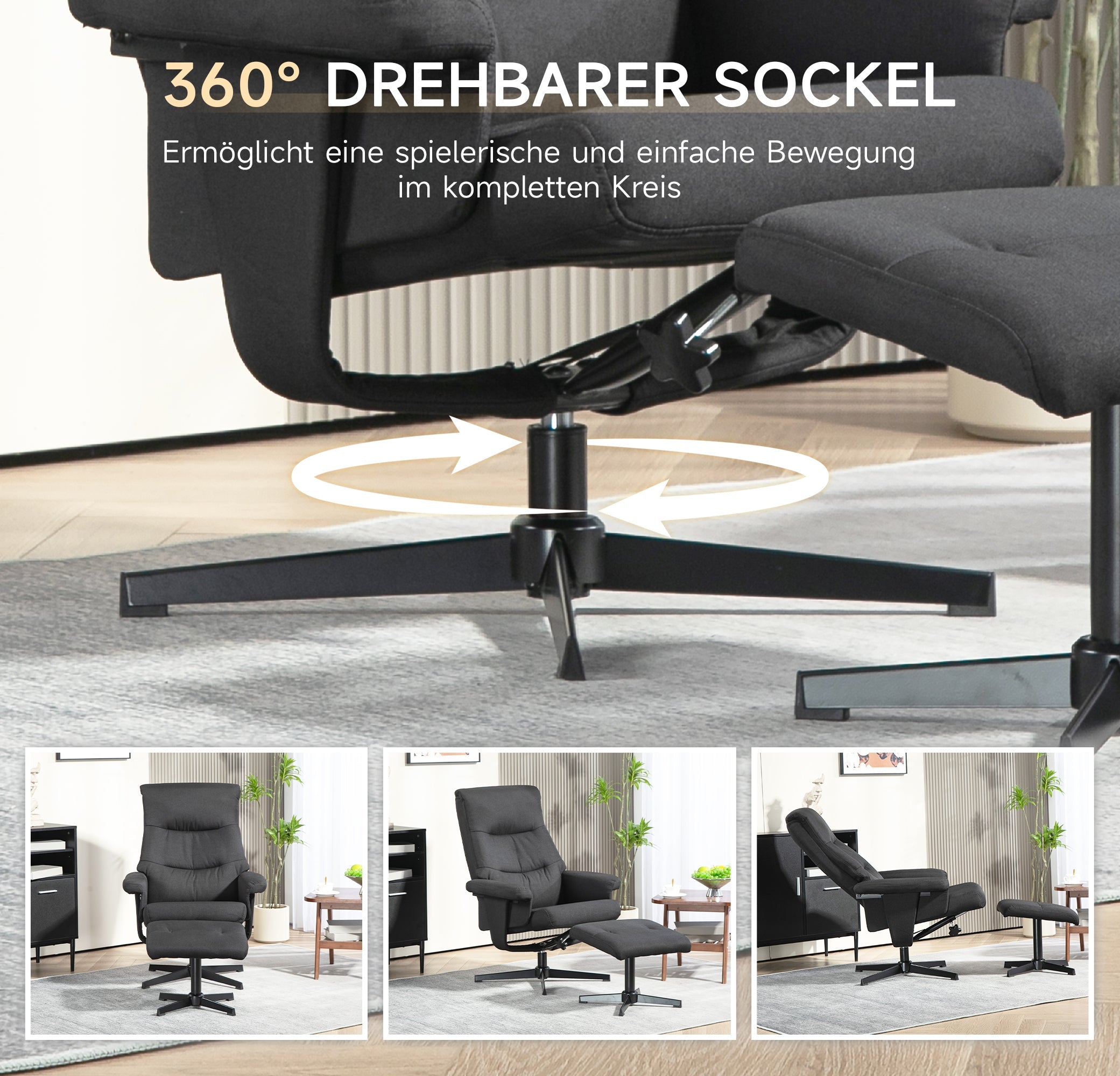 Reclining Armchair with Footstool, Swivel & Rocking Function, Velvet Look, Black