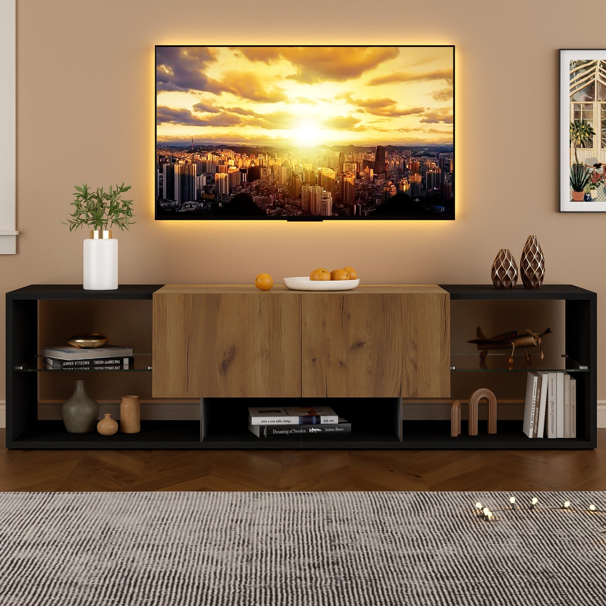 TV Console Cabinet, 3-Tier with Glass Shelf and 2 Drawers, Black