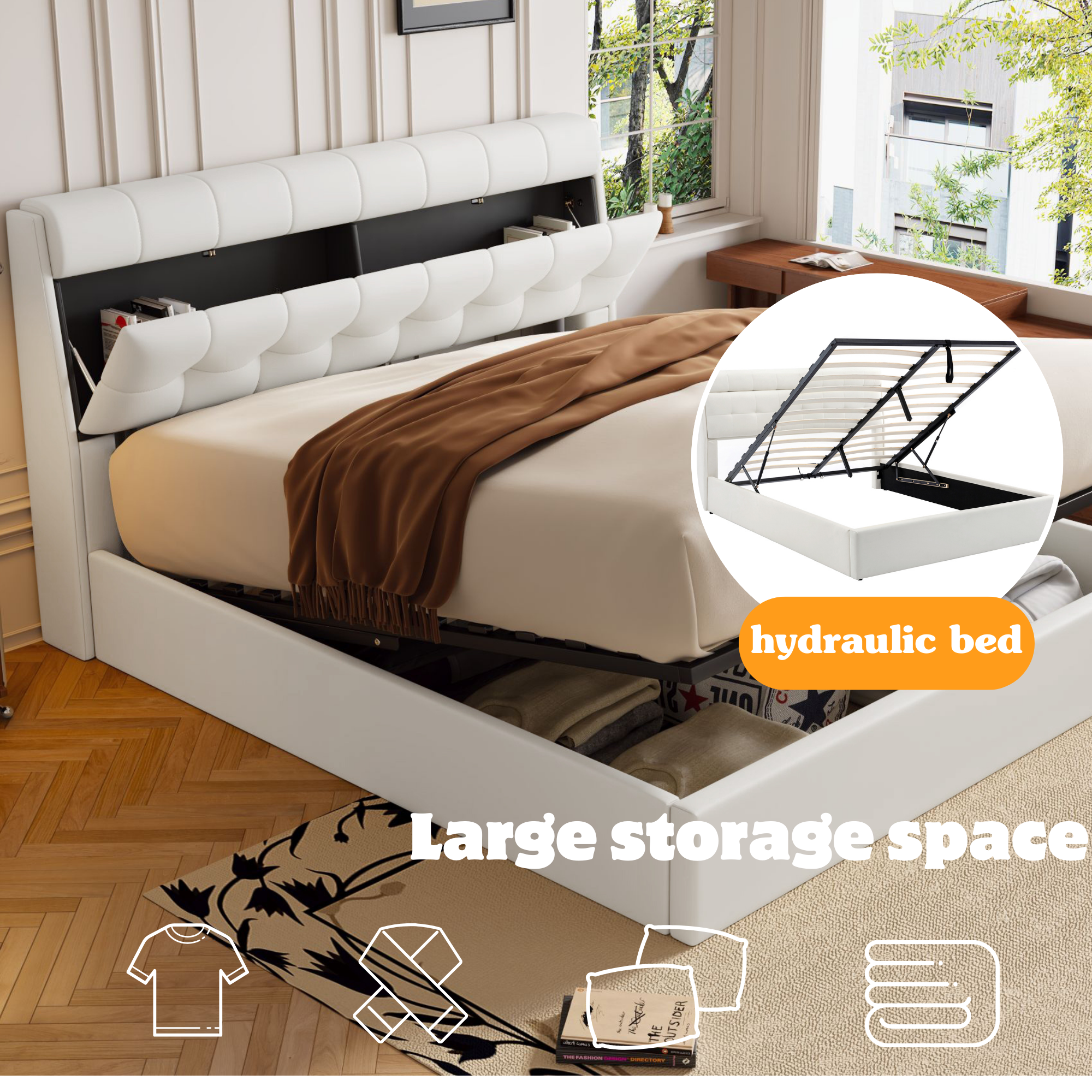 Fashion Upholstered Double Bed Hydraulic Storage with Headboard and Slats, PU Cream White