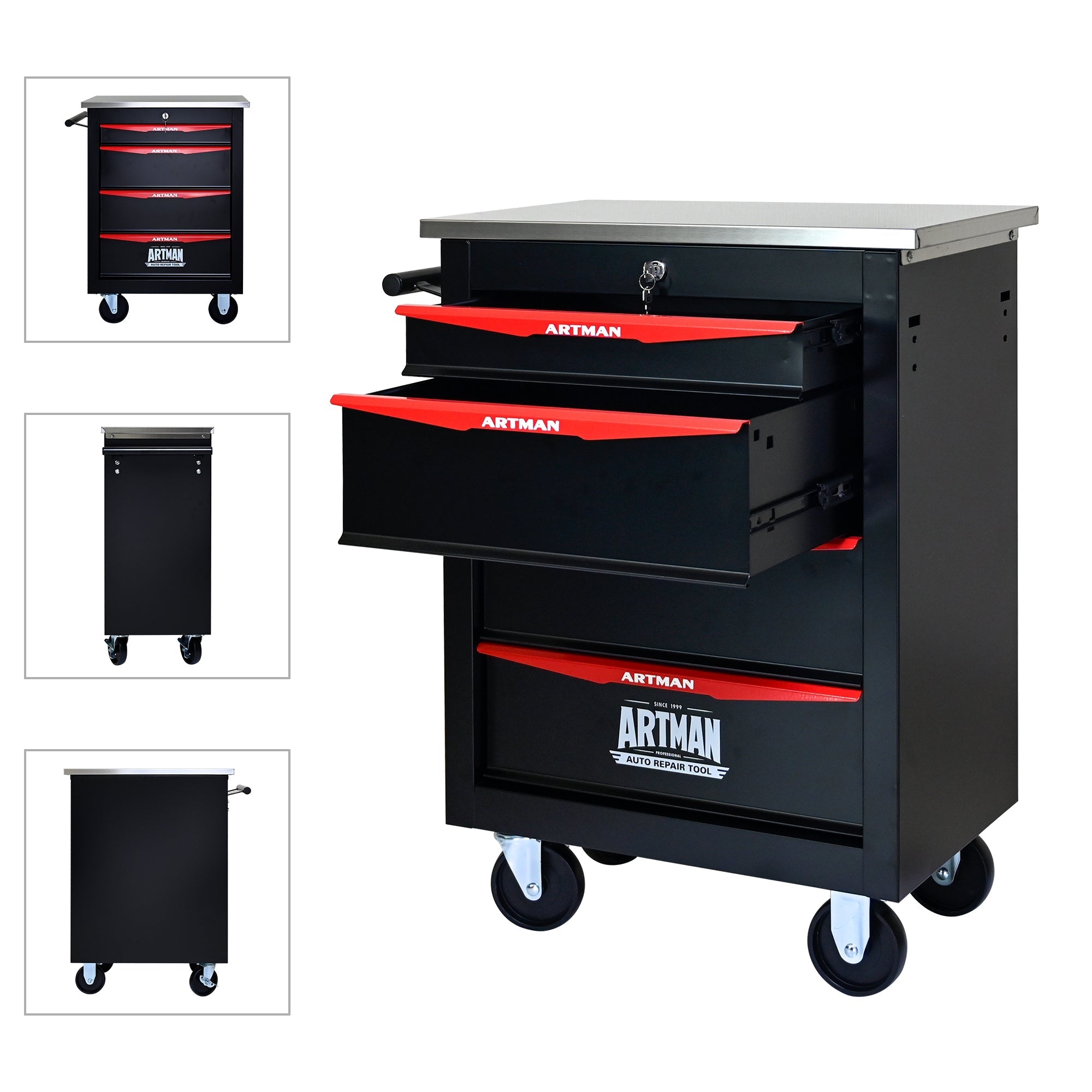 Tool Trolley 4-Drawer Metal Rolling Storage with Stainless Steel Roof Black & Red