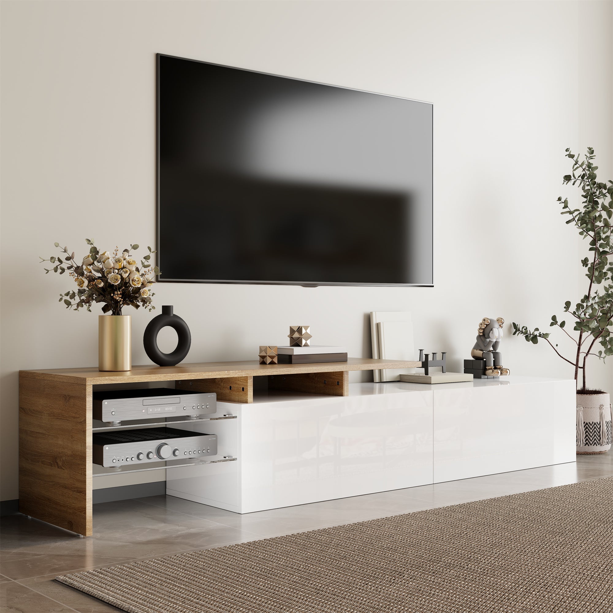 Modern TV Cabinet: Stylish, Elegant, Practical Storage, Glass Shelves, LED Lighting, High-Gloss White and Wood Look