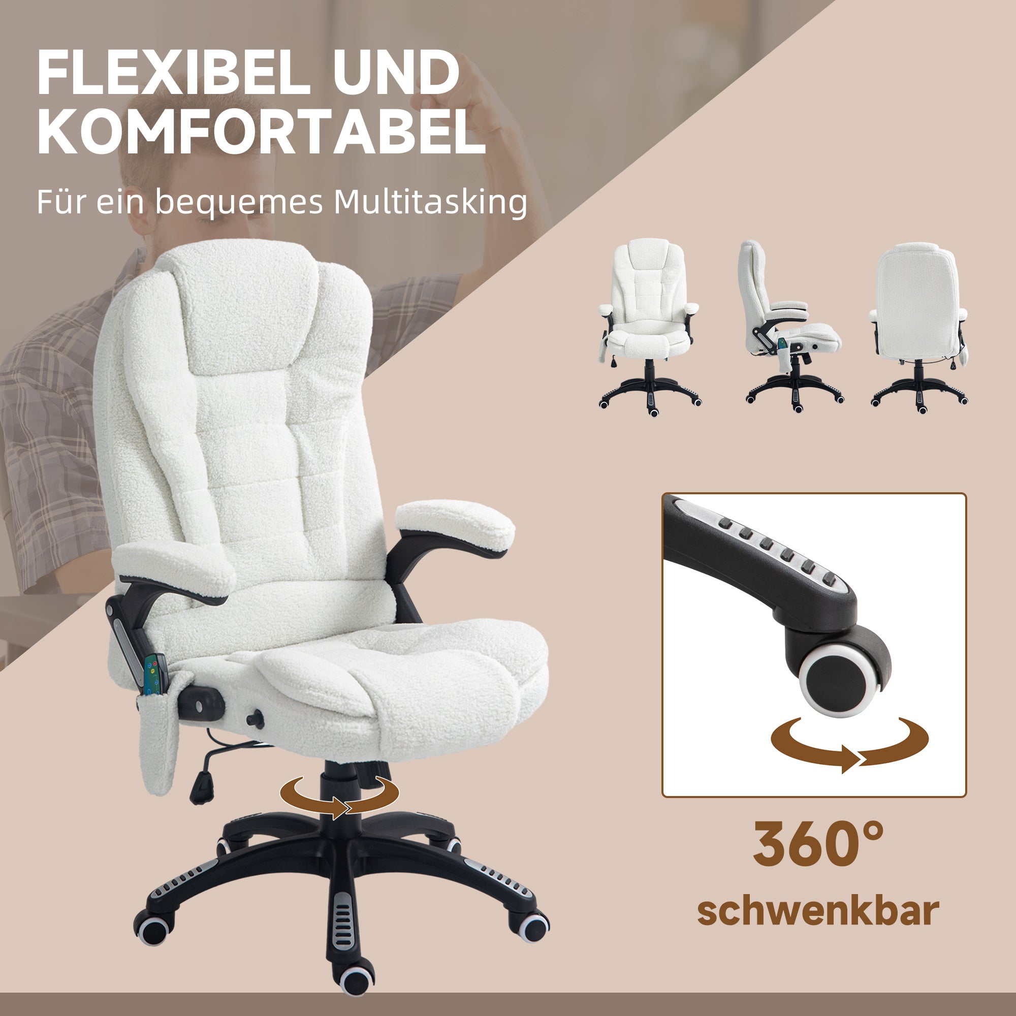 Massage Office Chair, Height Adjustable Rocking Heating Reclining Footrest, Teddy Velvet White
