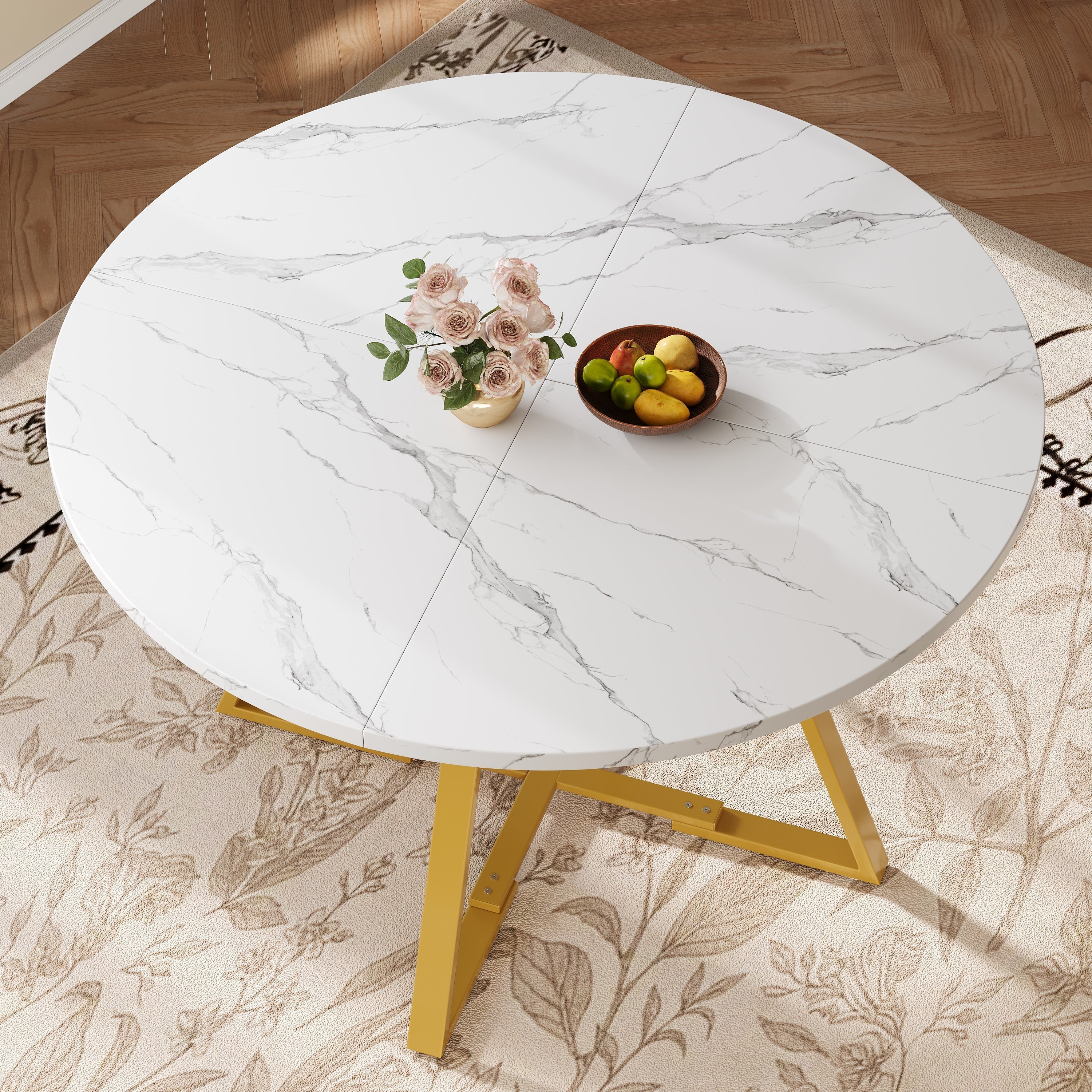 5-Piece Round Dining Table Set with 4 Chairs and Marble Pattern, Velvet Grey