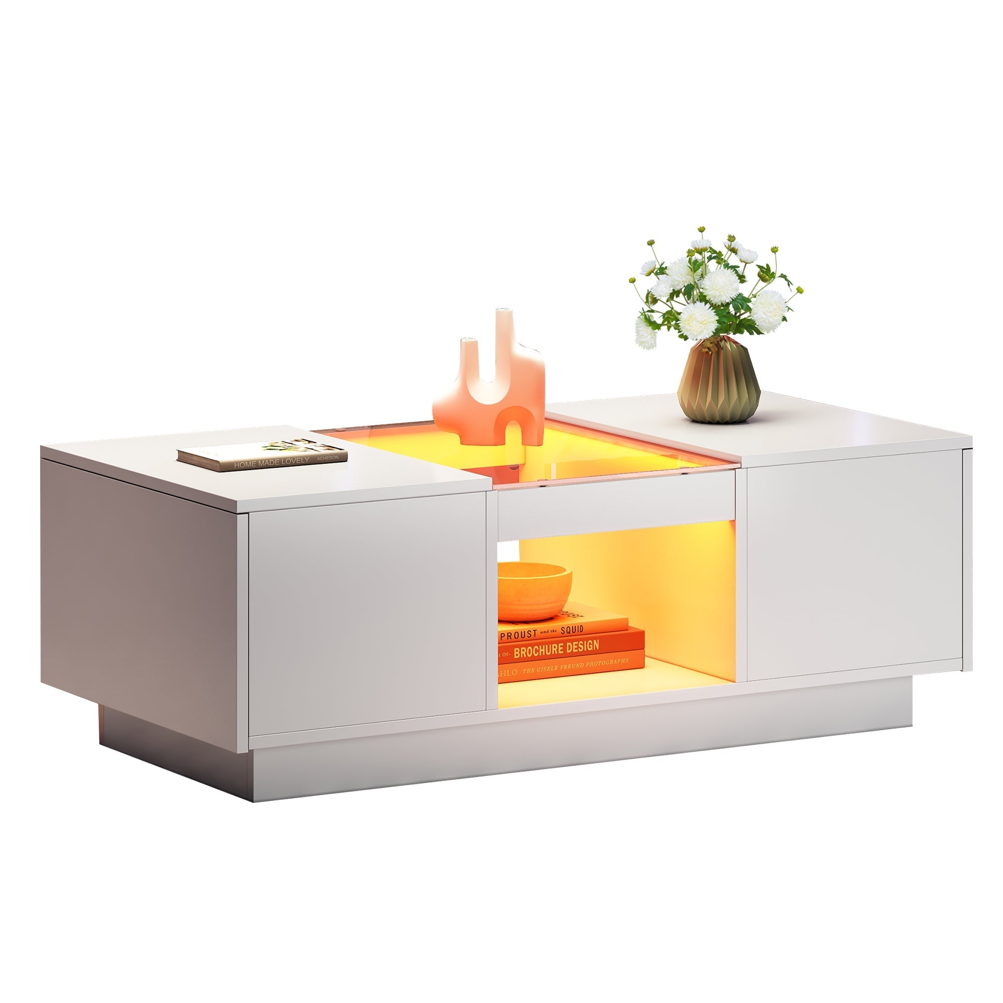 White Coffee Table with Glass Panel, LED Lighting, 2 Drawers, and 1 Open Compartment