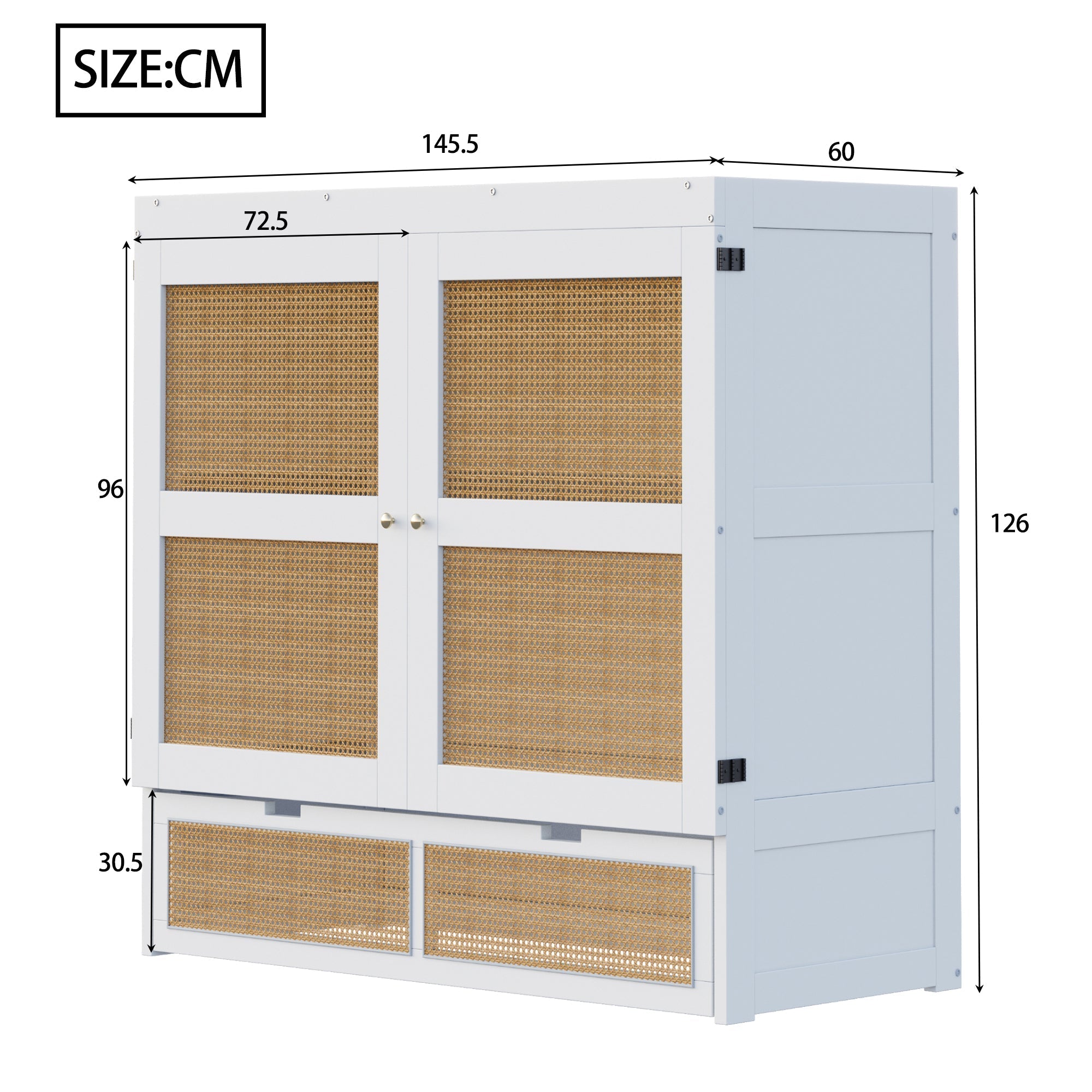 Murphy Bed with Rattan Cabinet Doors and Integrated Storage, White