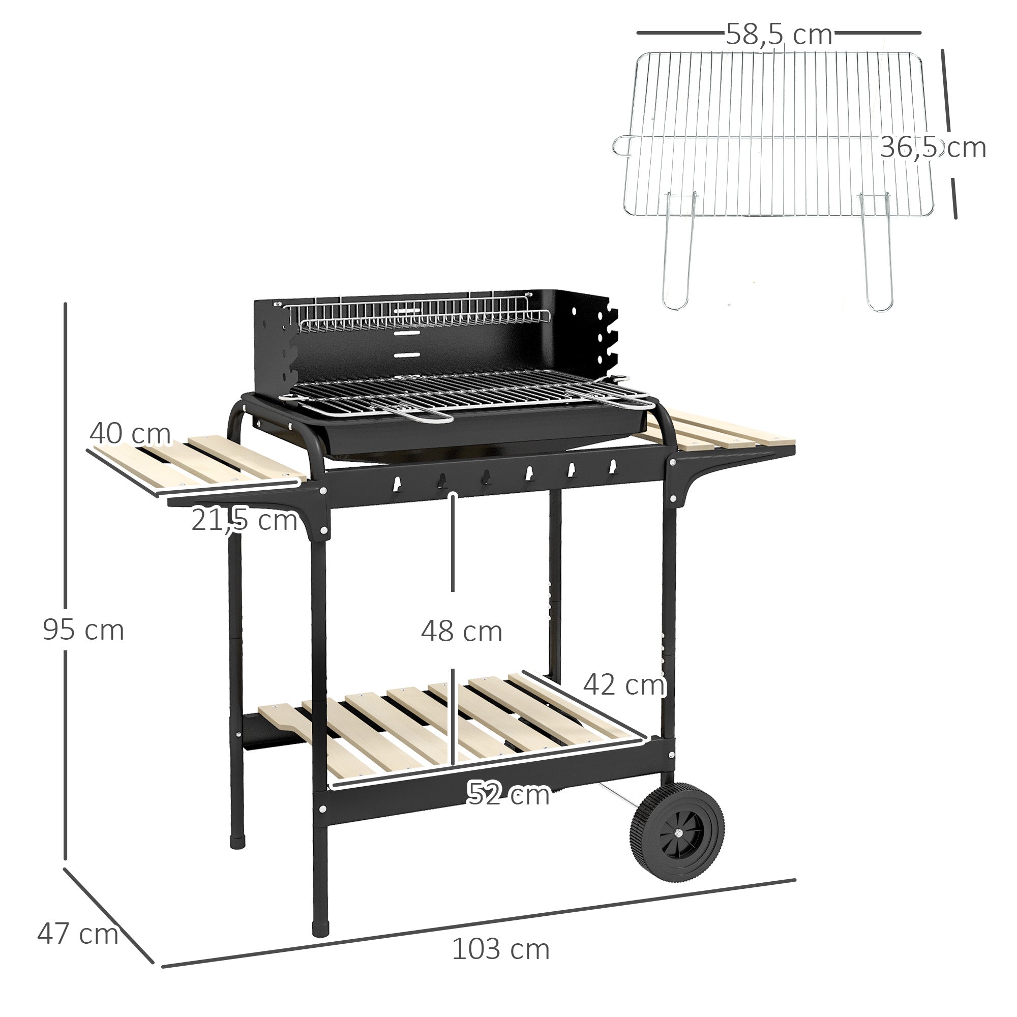 Charcoal Grill BBQ Smoker with Wheels, Adjustable Grate, Wood Shelf, Metal