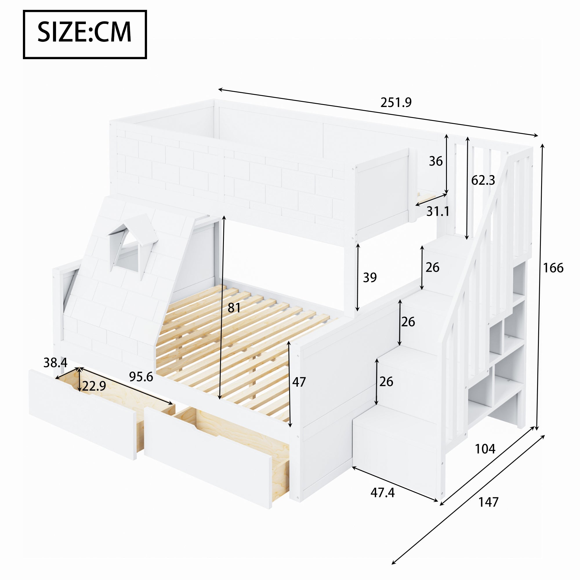 Bunk Bed with Safety Ladder, Drawers and Window, 90x200cm and 140x200cm, Solid Wood