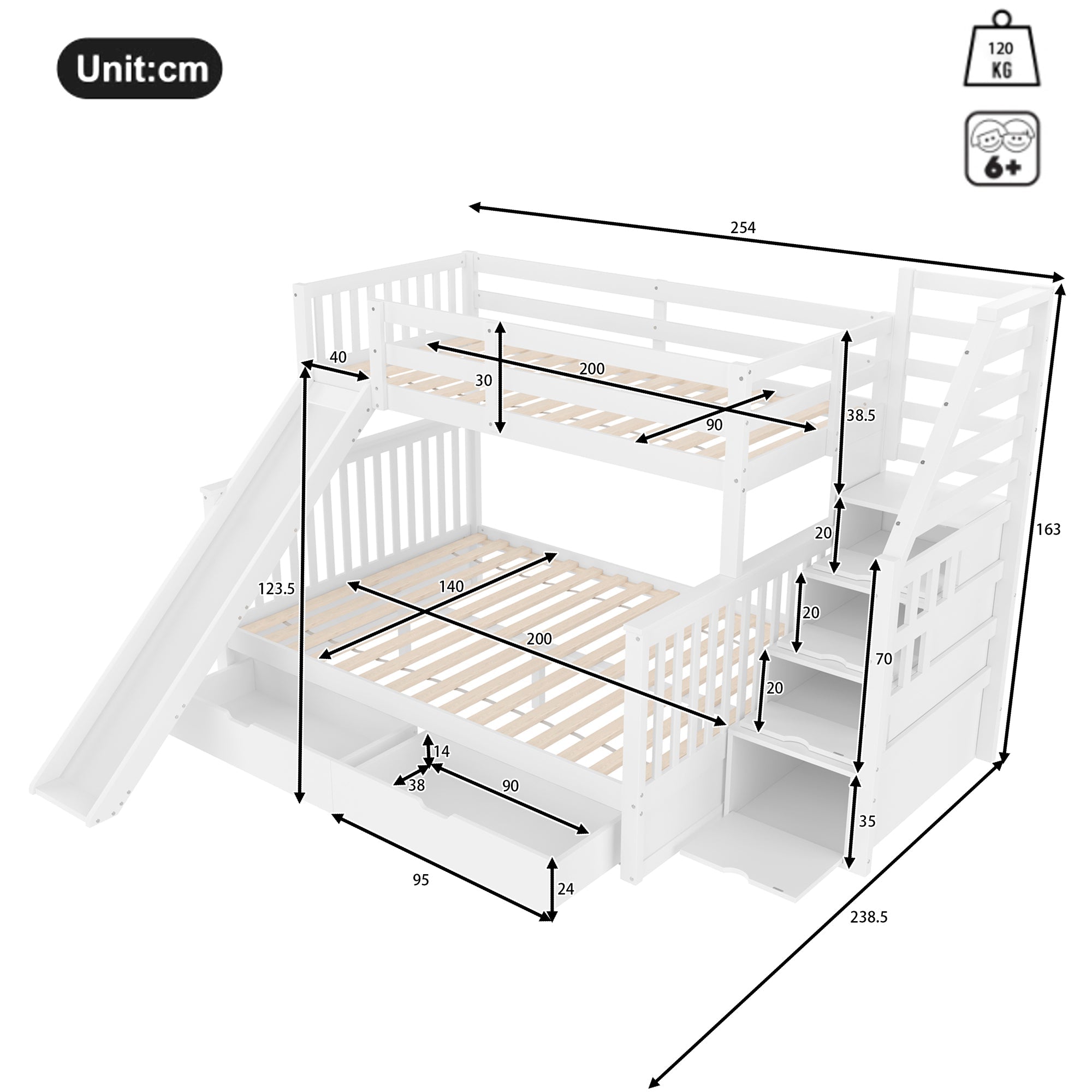 Bunk Bed 90x200 over 140x200 with Drawers Storage and Slide - White