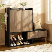 Multifunctional Shoe Cabinet, Extendable Swivel Seat, Large Storage, Open/Closed Shelving, Black + Wood Finish