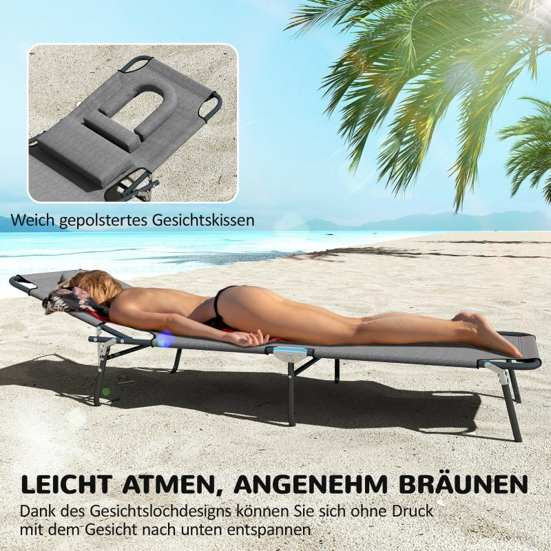 Sun Lounger Face Hole Cushion Foldable Water-Repellent Metal Frame - Dark Grey