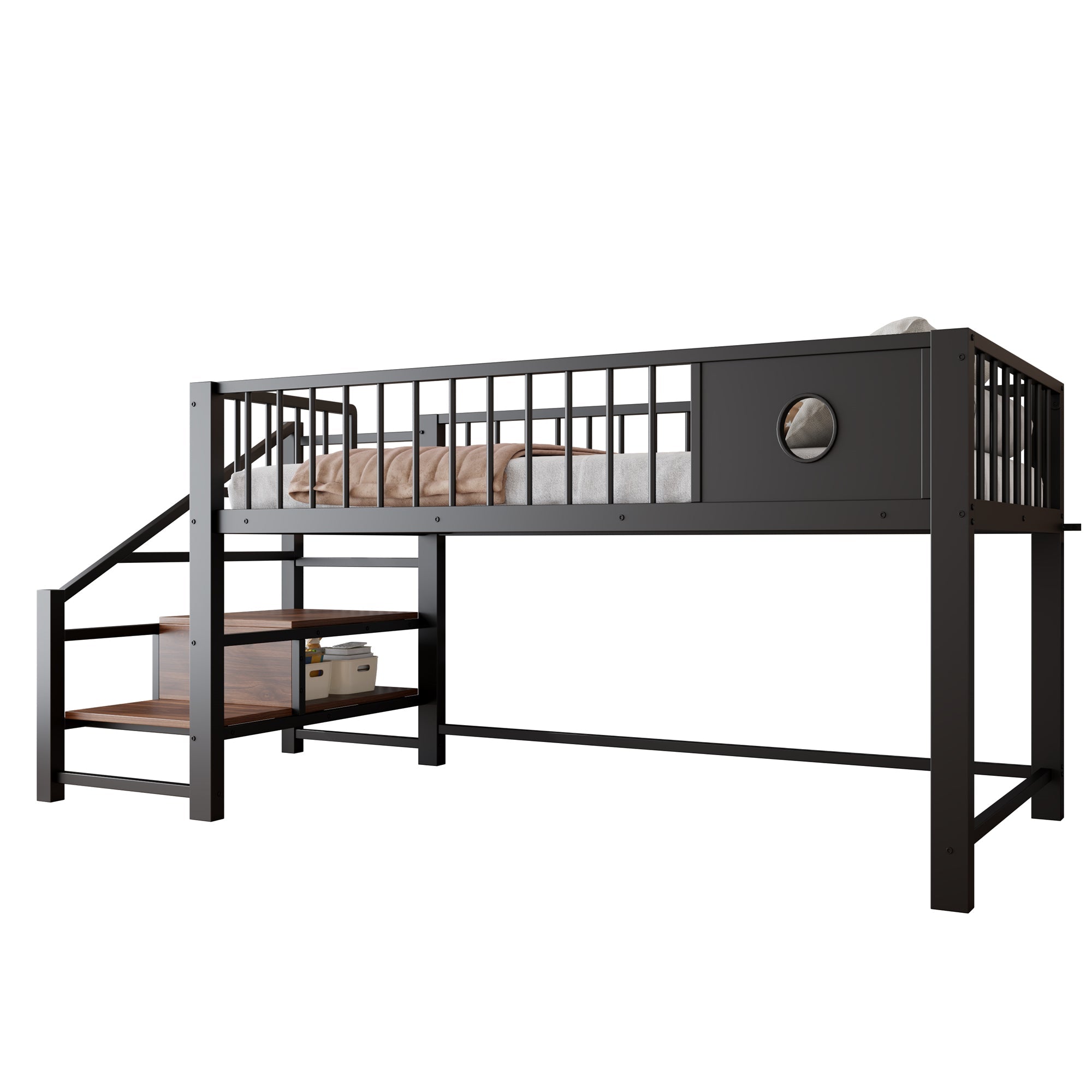 Low Loft Bed with Storage Ladder and Metal Frame, 90x200cm, Black Metal