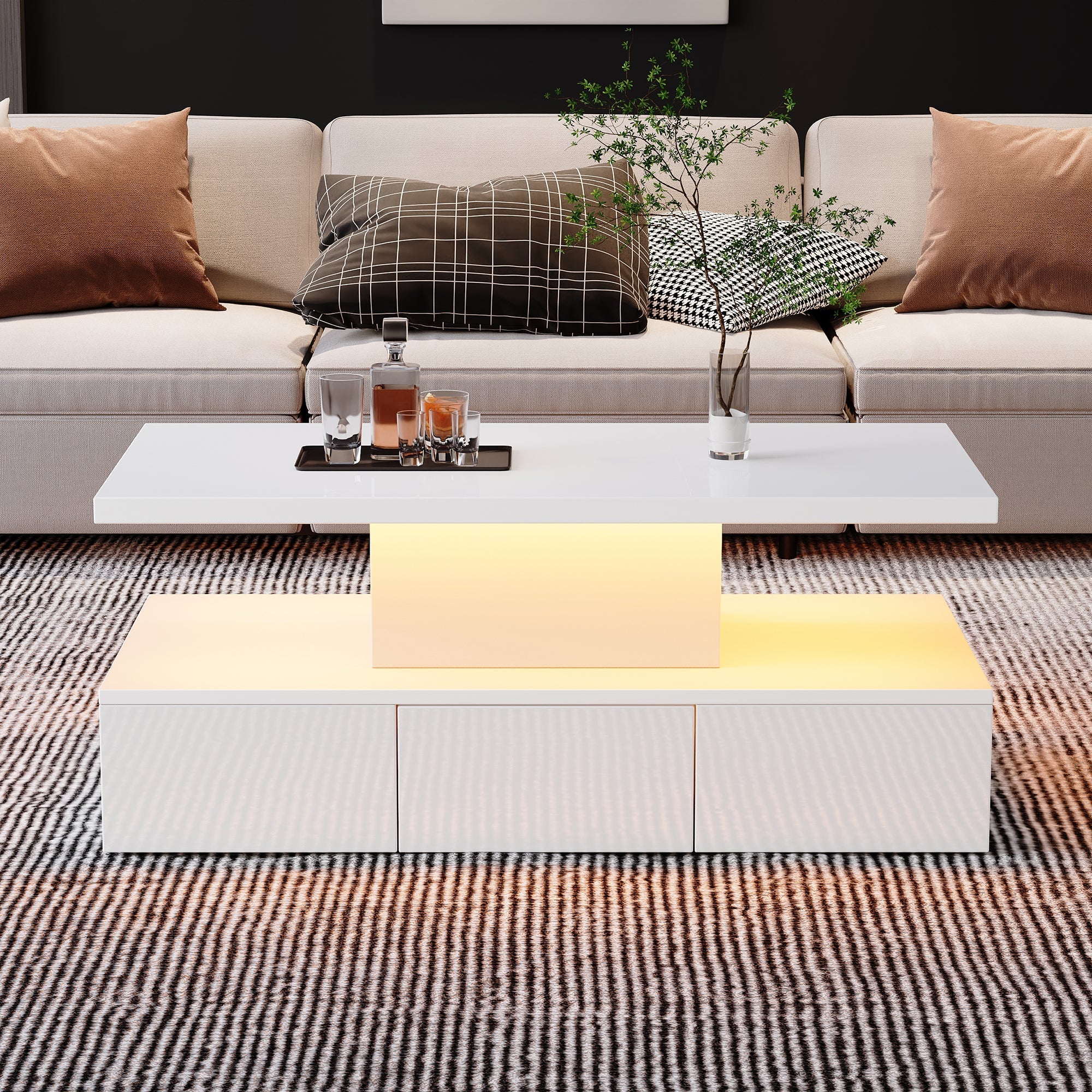 Coffee Table Two-Tier LED Light Storage Drawer High-Gloss White