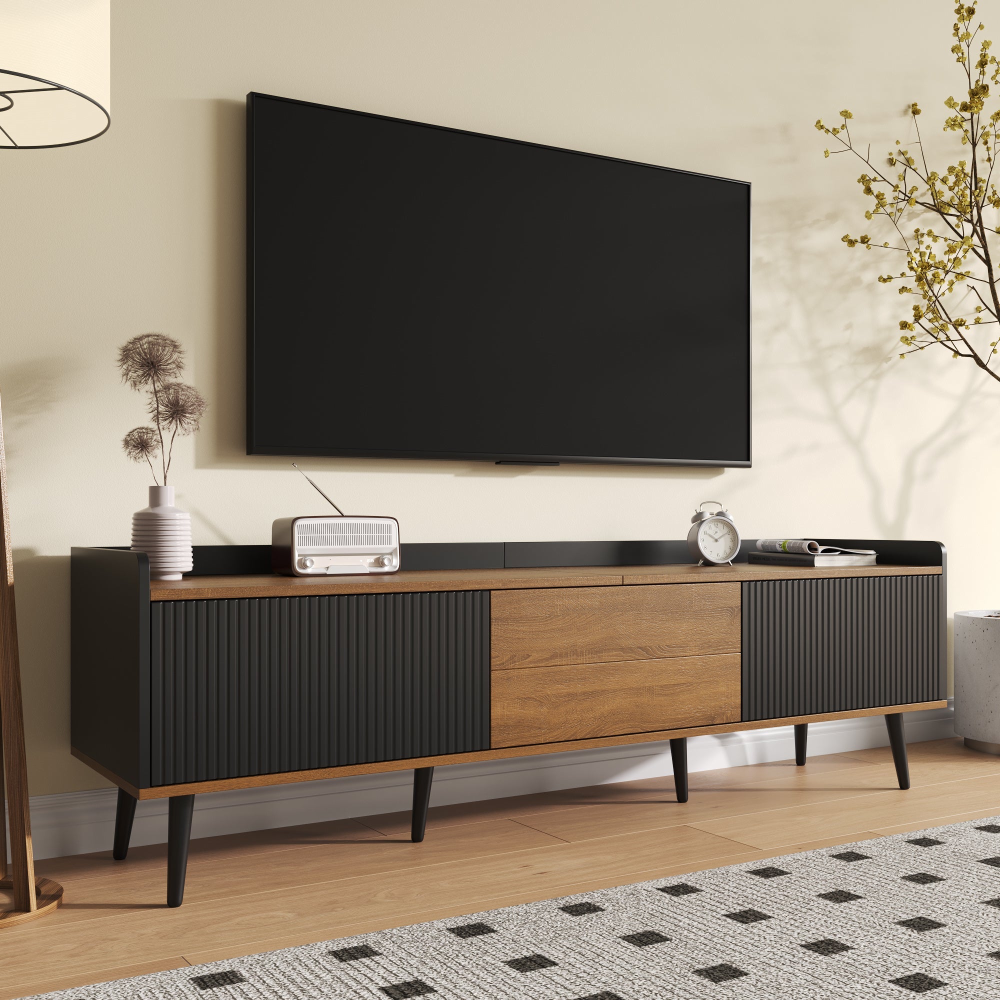 TV Cabinet 3-Door Base Cabinet Compact Design Black and Natural Wood