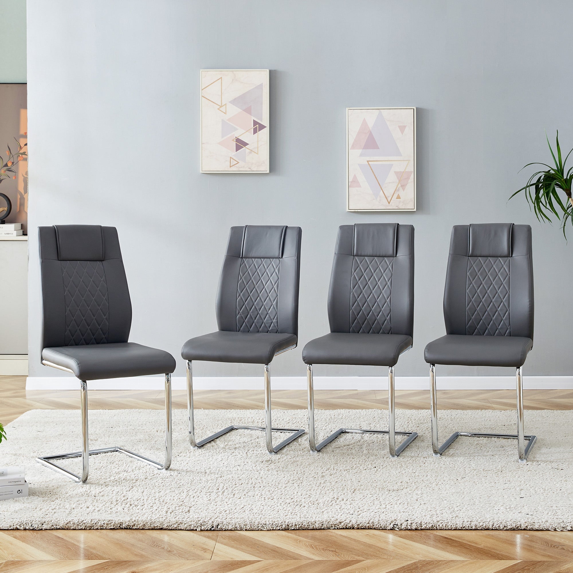 Scandinavian Dining Chairs Set of 4 Mesh Back Metal Legs - Dark Grey PU Leather