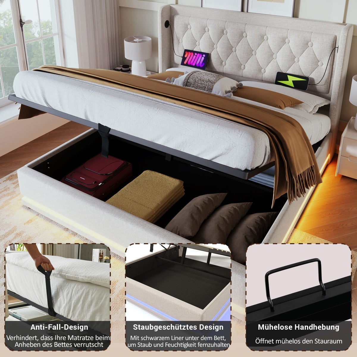 Upholstered Double Bed 180x200cm Hydraulic Storage LED Headboard USB-C, Beige Cotton