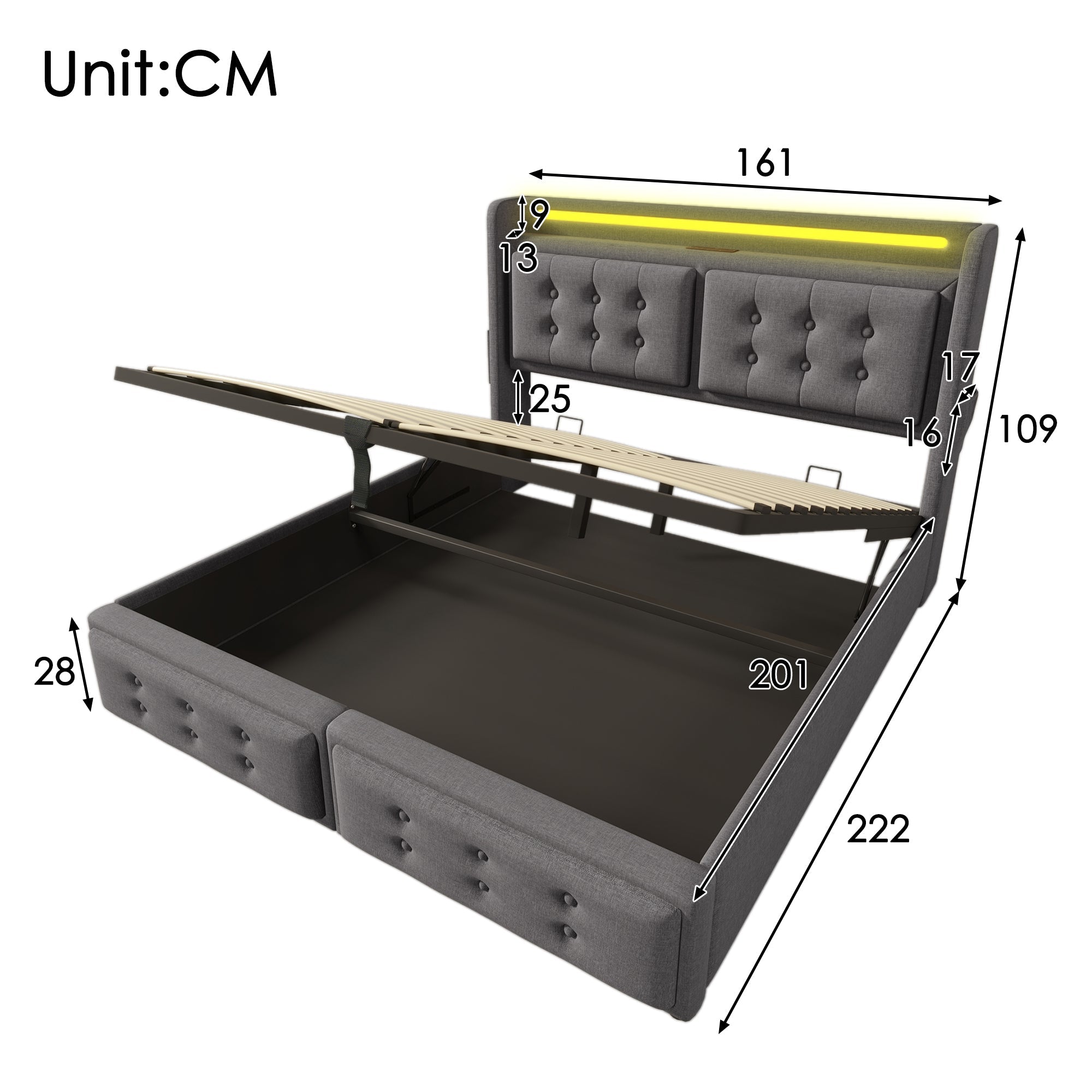 Upholstered Bed 160x200, LED Headboard & USB C, Hydraulic, 300kg Capacity, Gray Cotton