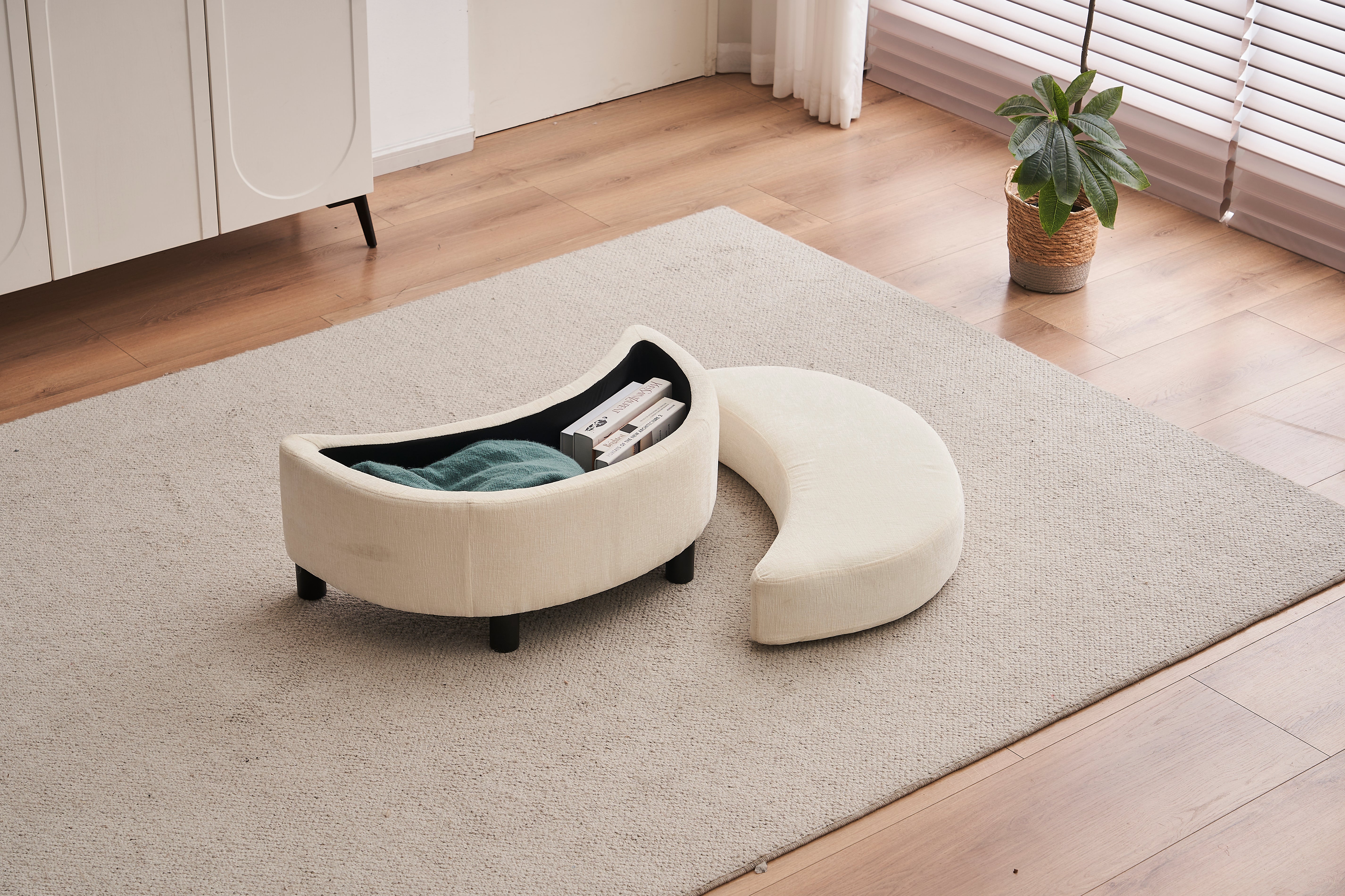 Chenille Swivel Armchair with 3 Back Cushion Pillow and Ottoman Crescent Stool, Ivory