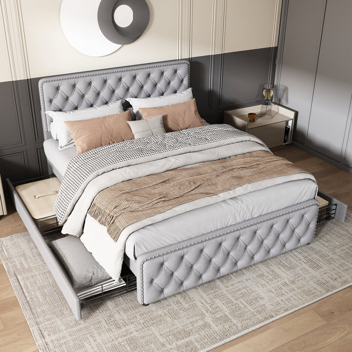 Upholstered Double Bed with 4 Drawers and Height-Adjustable Headboard, 140x190cm, Light Grey Linen