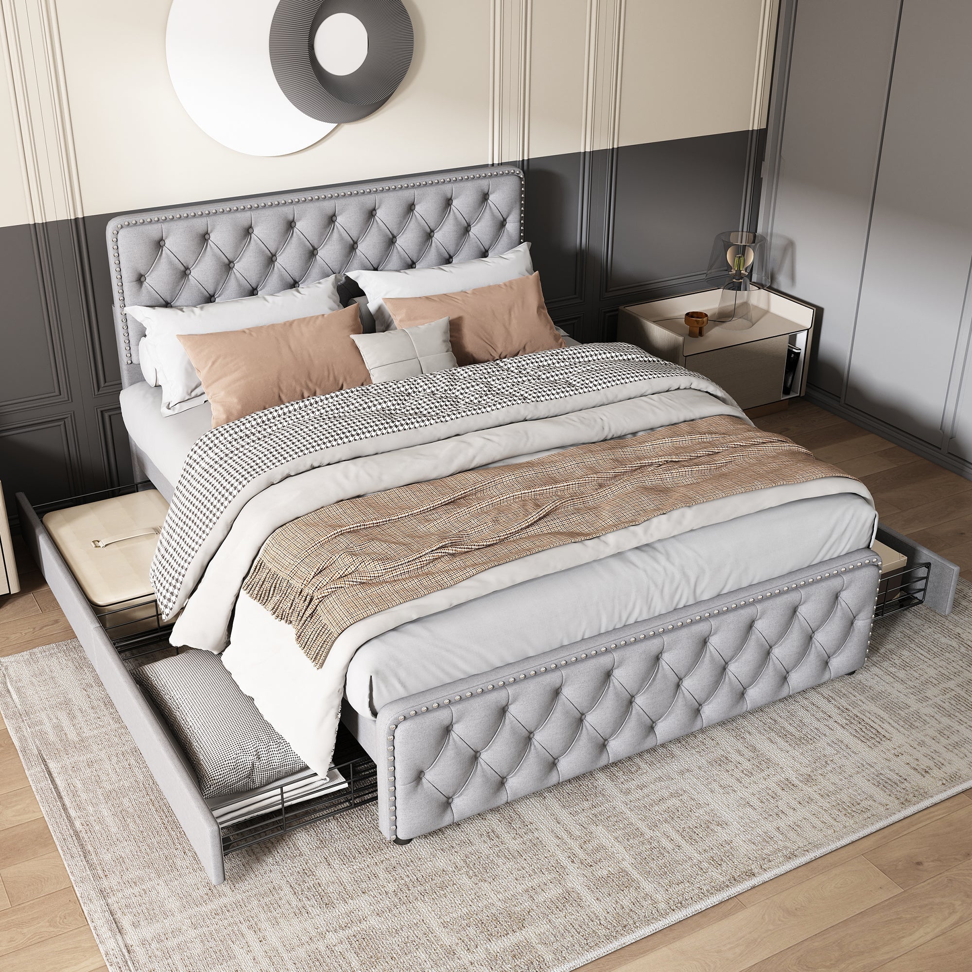 Upholstered Double Bed with 4 Drawers and Height-Adjustable Headboard, 140x190cm, Light Grey Linen