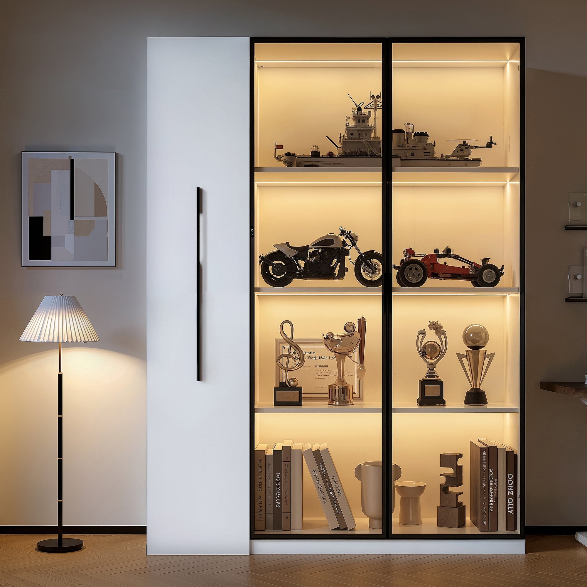 Multifunctional Cabinet with Glass Door, LED Lighting and Side Pull-out, Amber Glass and MDF