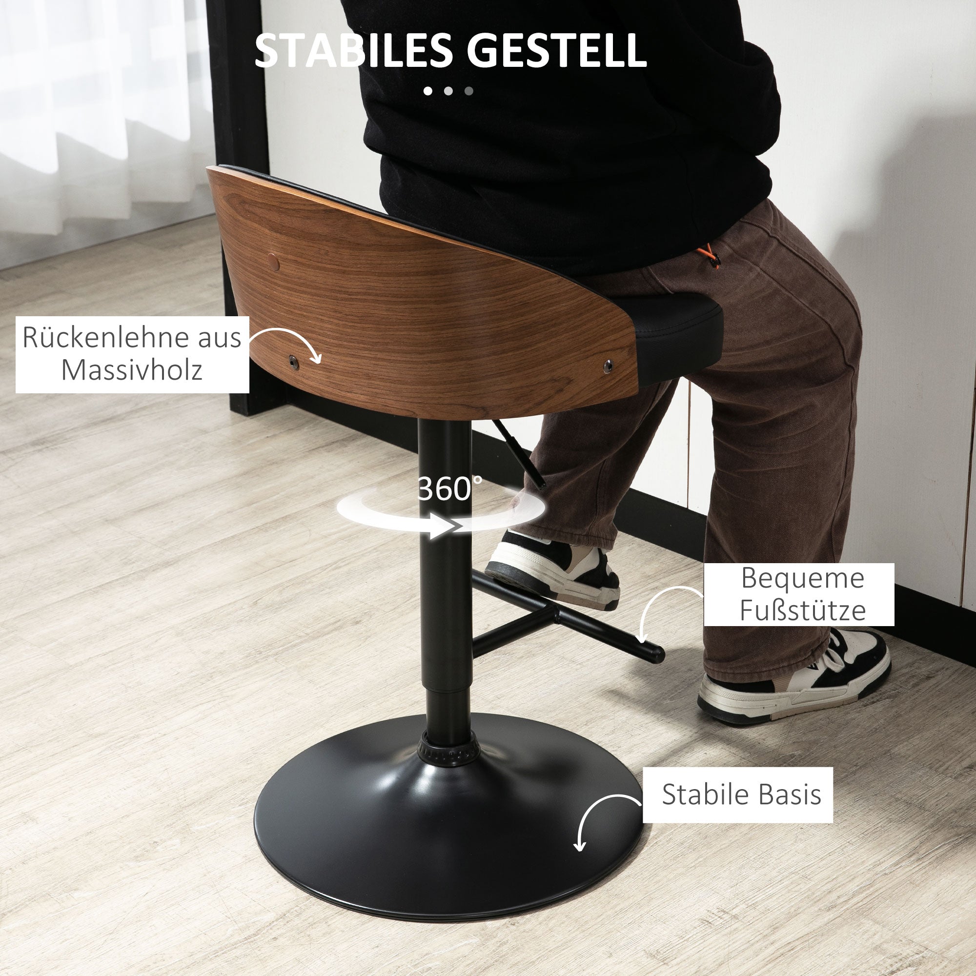 Bar Stools, Swivel Height-Adjustable with Footrest, Faux Leather Wood