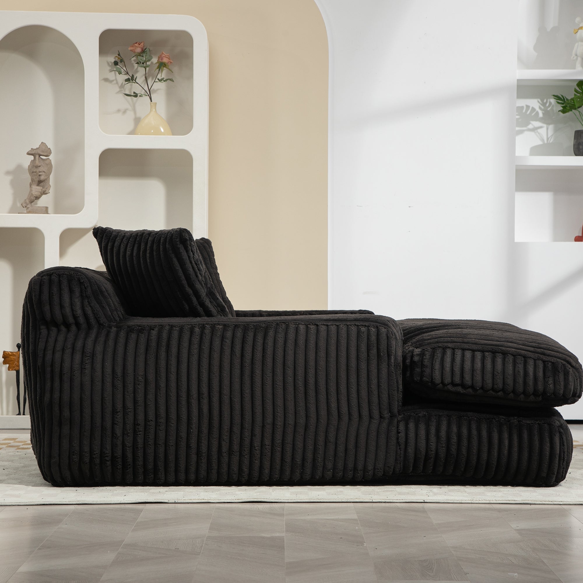 GOMYWAY Chaise Lounge Sofa Sleeper Chair with 3 Throw Pillows, Black Corduroy