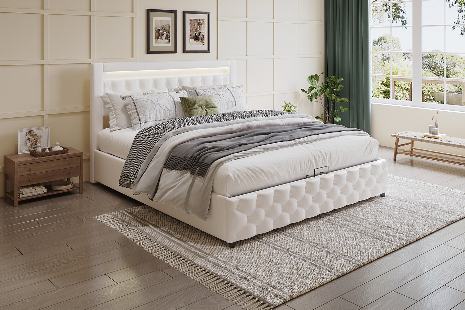 Upholstered Double Bed with LED Lights, Drawers and Slatted Frame, 160x200cm, White PU