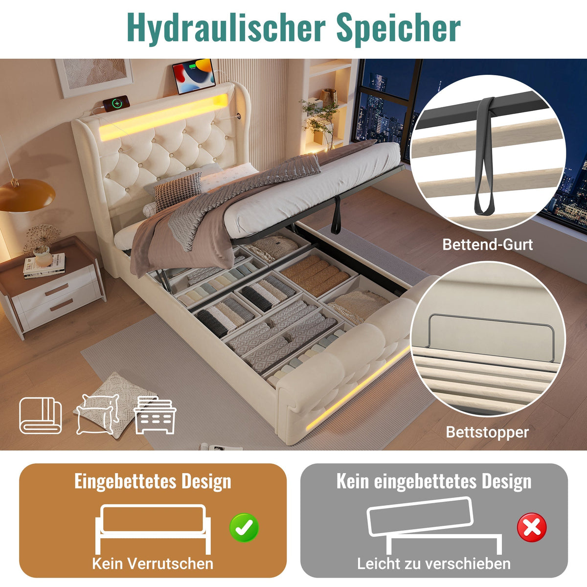 Upholstered Single Bed 90x200cm LED Headboard USB Type-C Hydraulic Storage, Beige Velvet