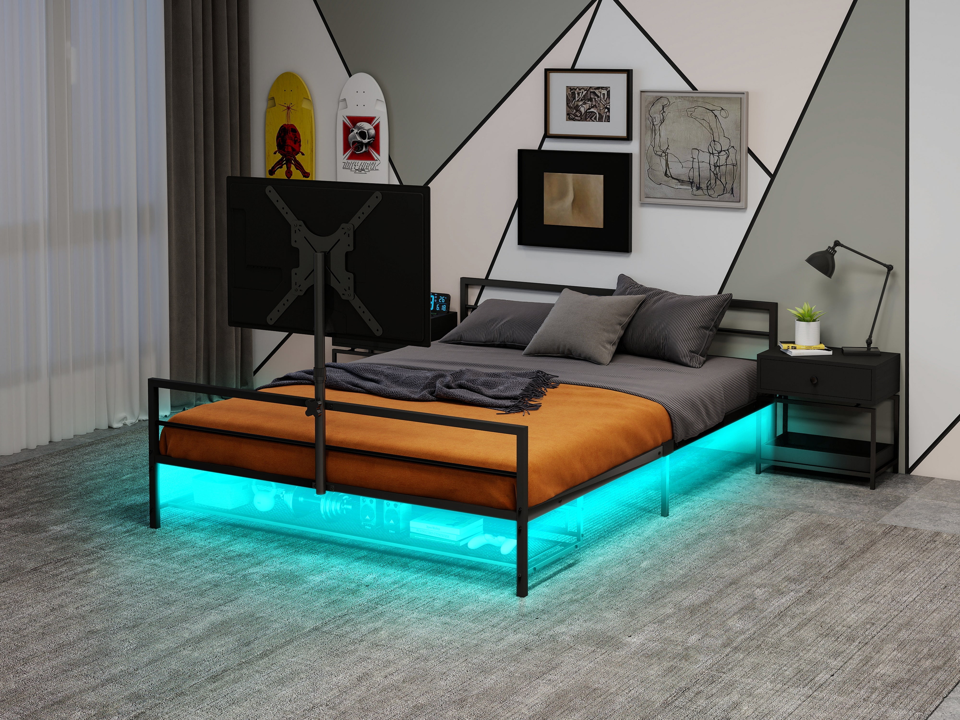 Gaming Bed: Adjustable Holder, LED Lights, Underbed Storage - Black Metal