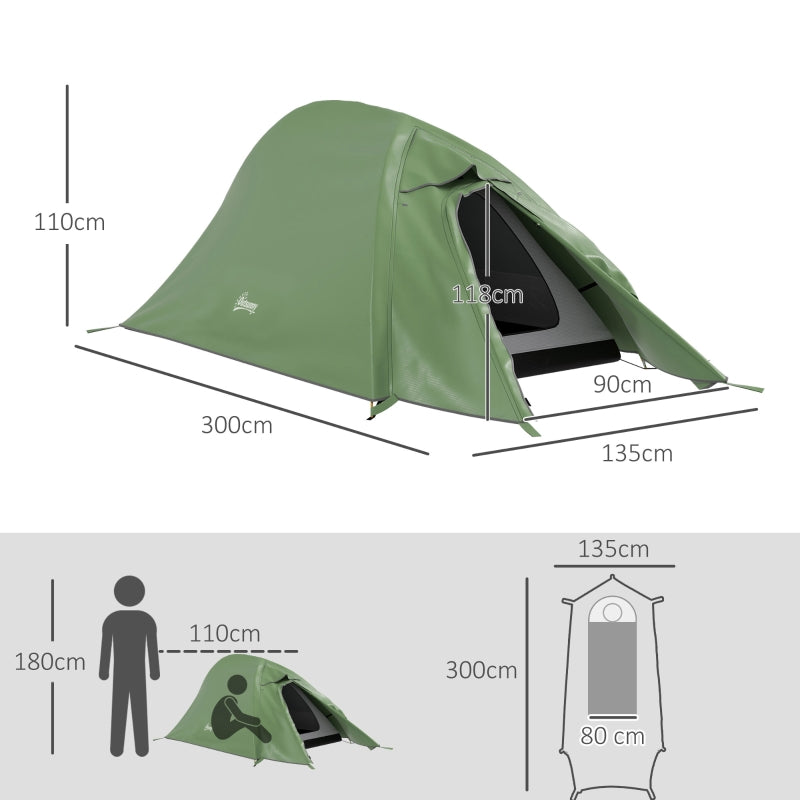 Double Layer Camping Tent, 1-2 Man Backpacking, 2000mm Waterproof, Green