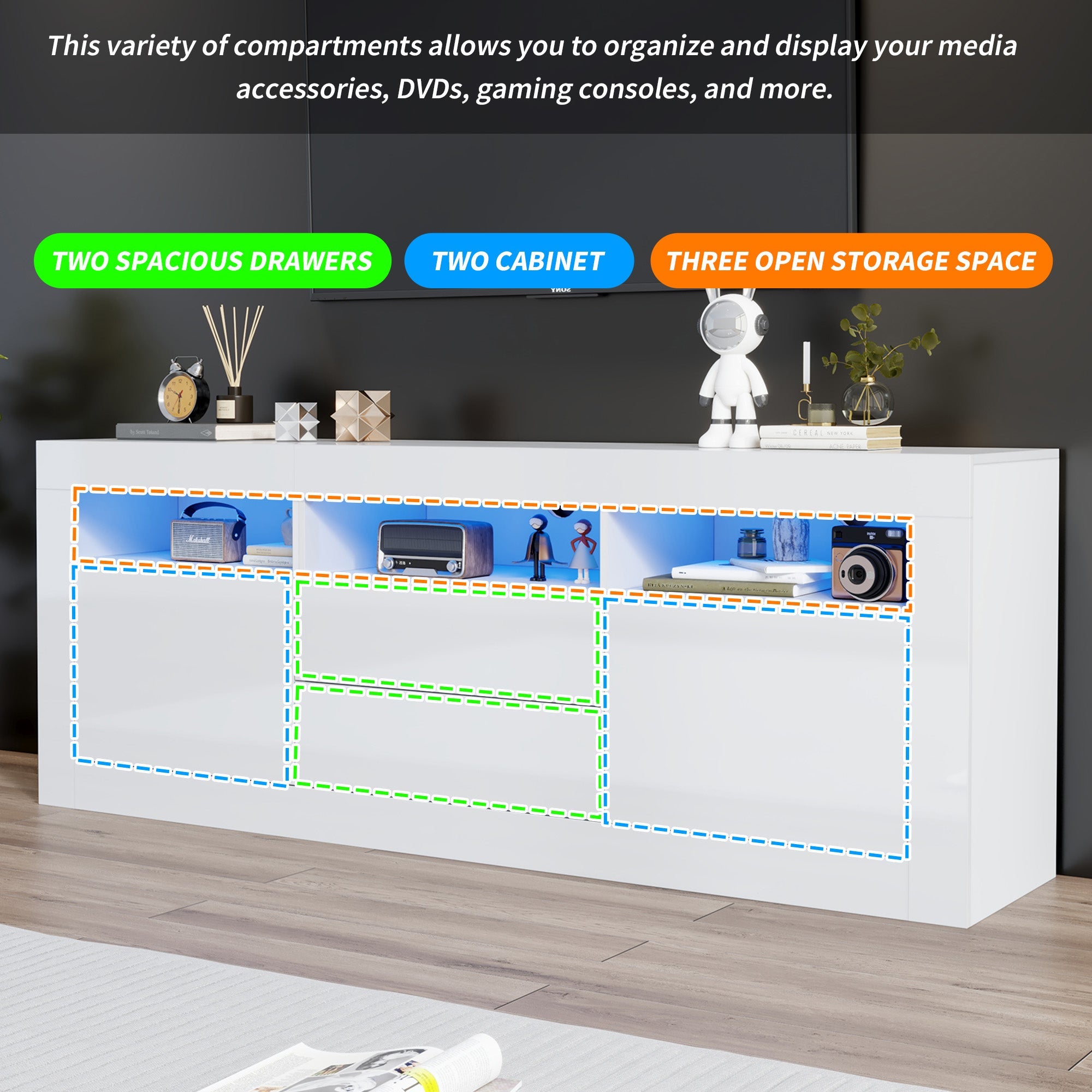 TV Cabinet, 160x35x60cm LED Lit, 3 Open, 2 Doors, 2 Drawers, Smart App Control, High Gloss