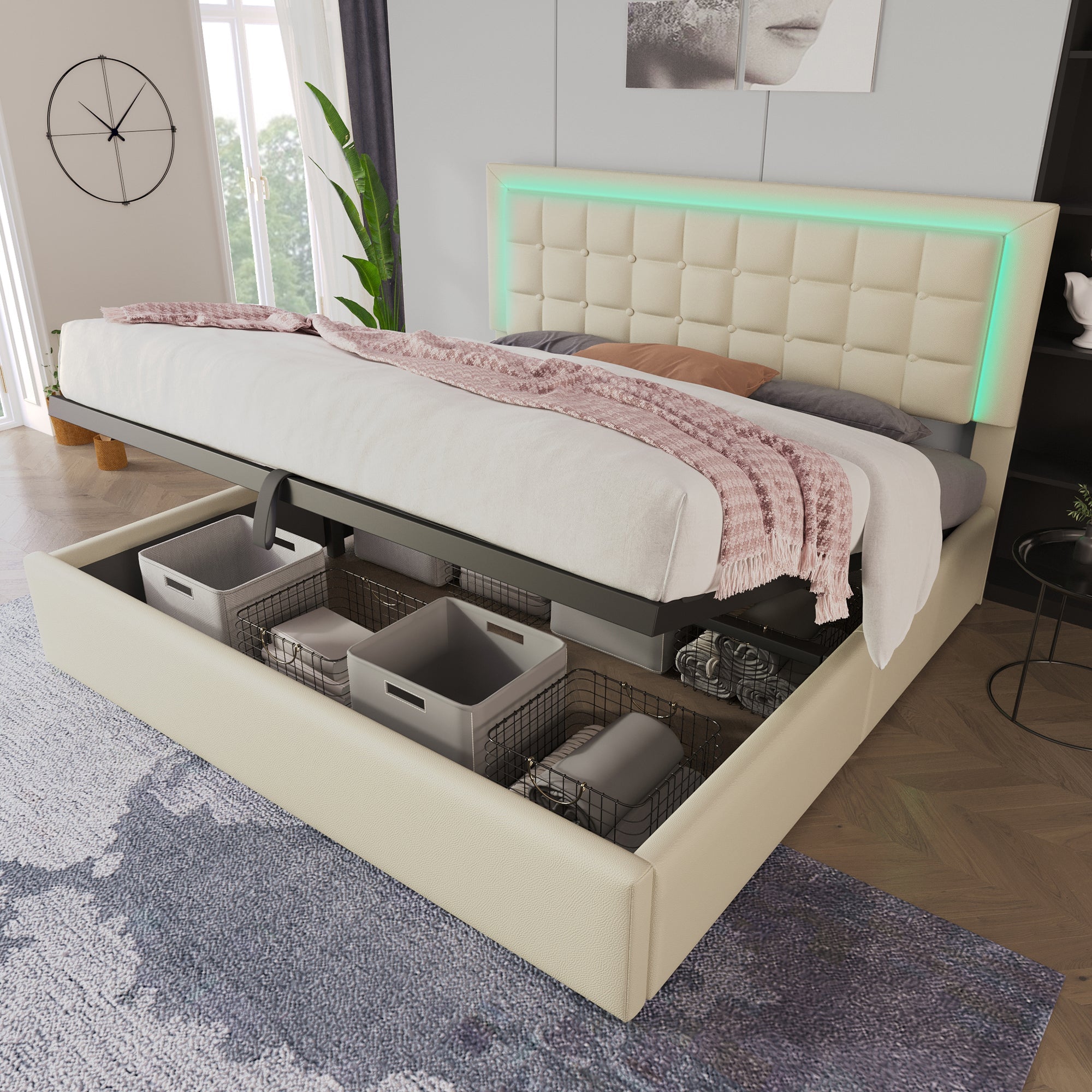 Upholstered Bed with LED Lighting, Storage Space and Slatted Frame, 140x200cm, White Faux Leather