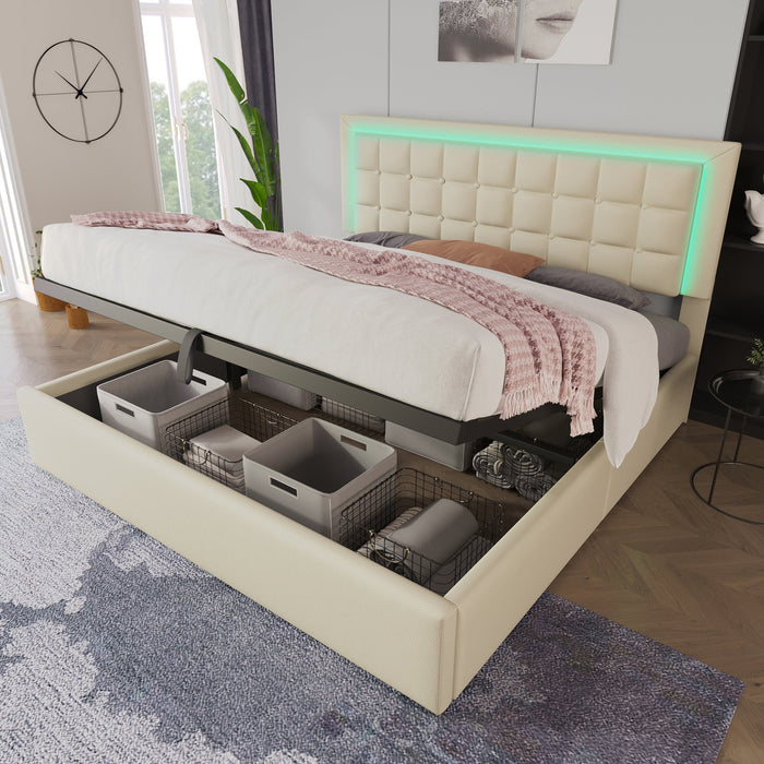 Upholstered Bed with LED Lighting, Storage Space and Slatted Frame, 140x200cm, White Faux Leather