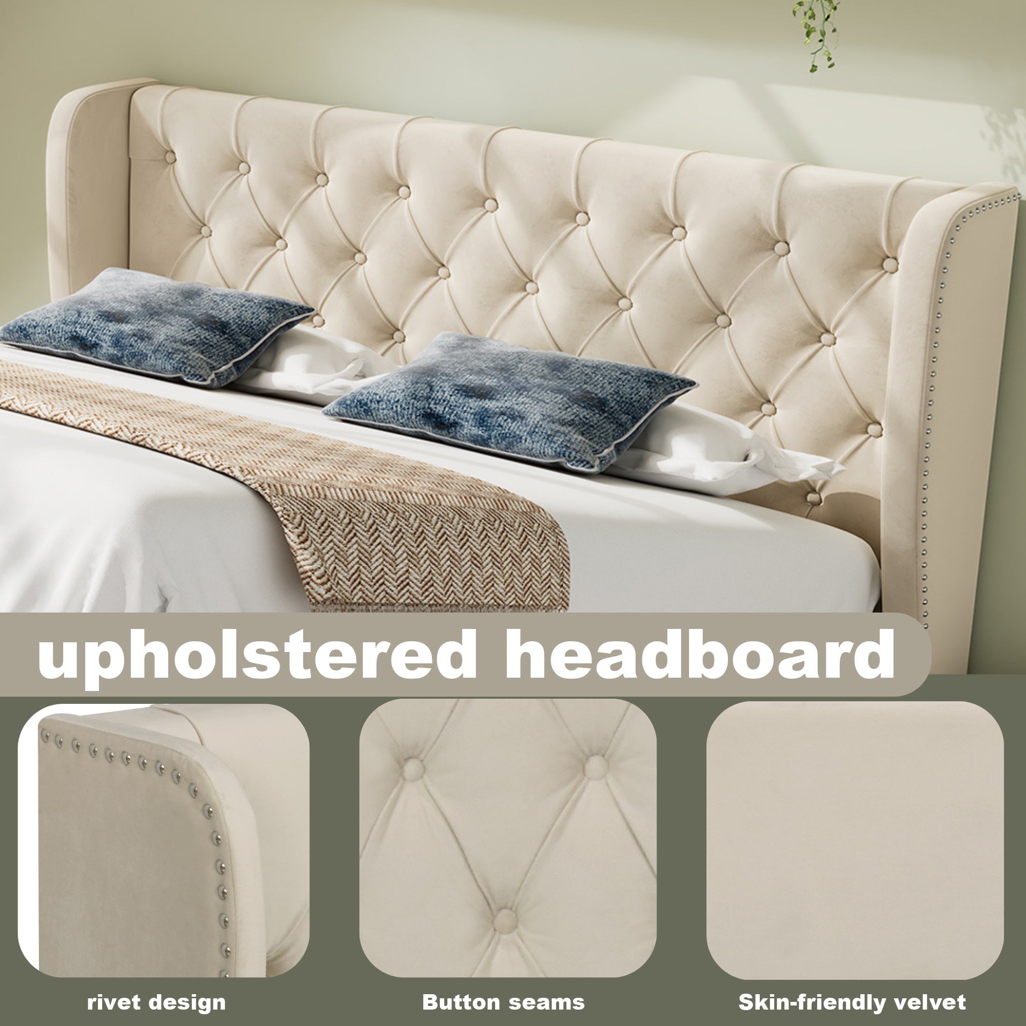 Upholstered Bed, Hydraulic Lift Storage, 135x190cm, Velvet Beige