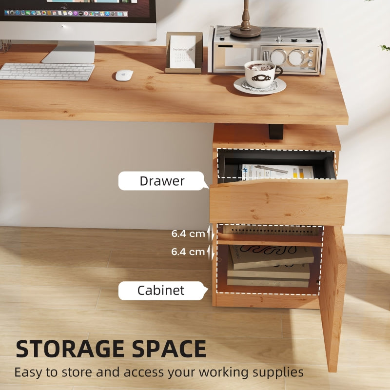 Computer Desk with Cabinet Drawer Metal Legs, Natural Wood Finish