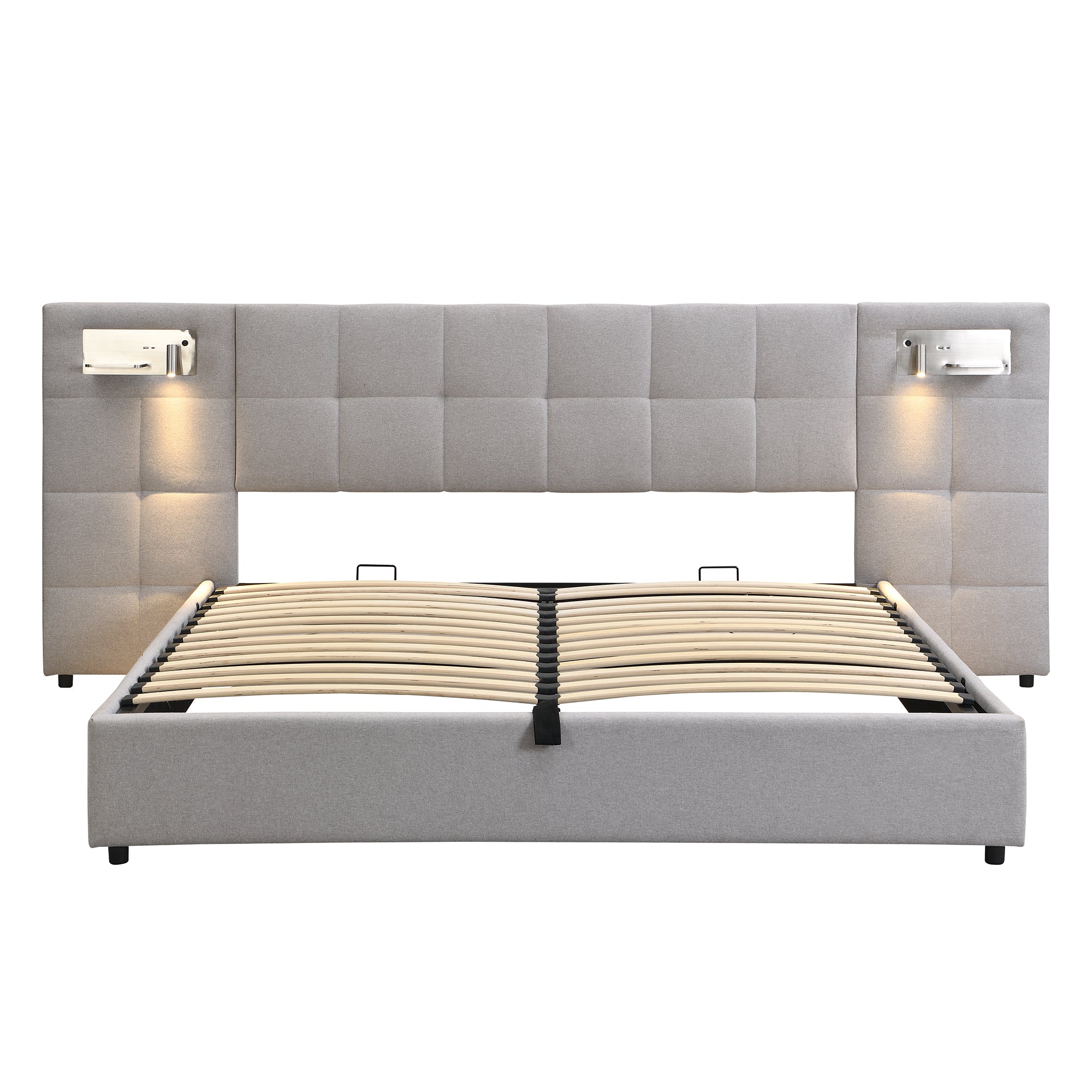 Upholstered Bed with Hydraulic Storage, USB Charging & LED Headboard, Grey