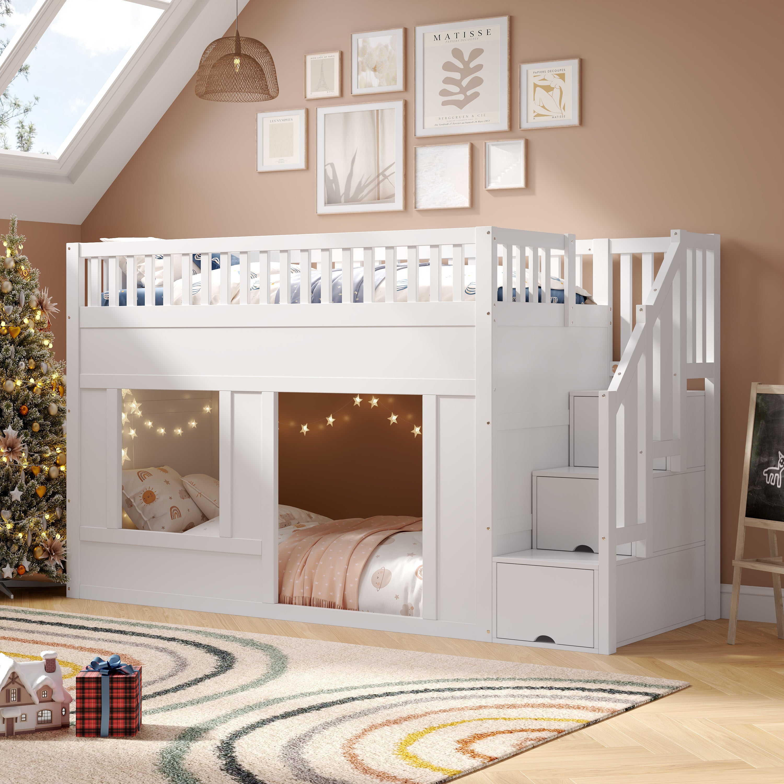 Bunk Loft Bed with Staircase Wardrobe and Convertible Play Area, 90x200cm, White