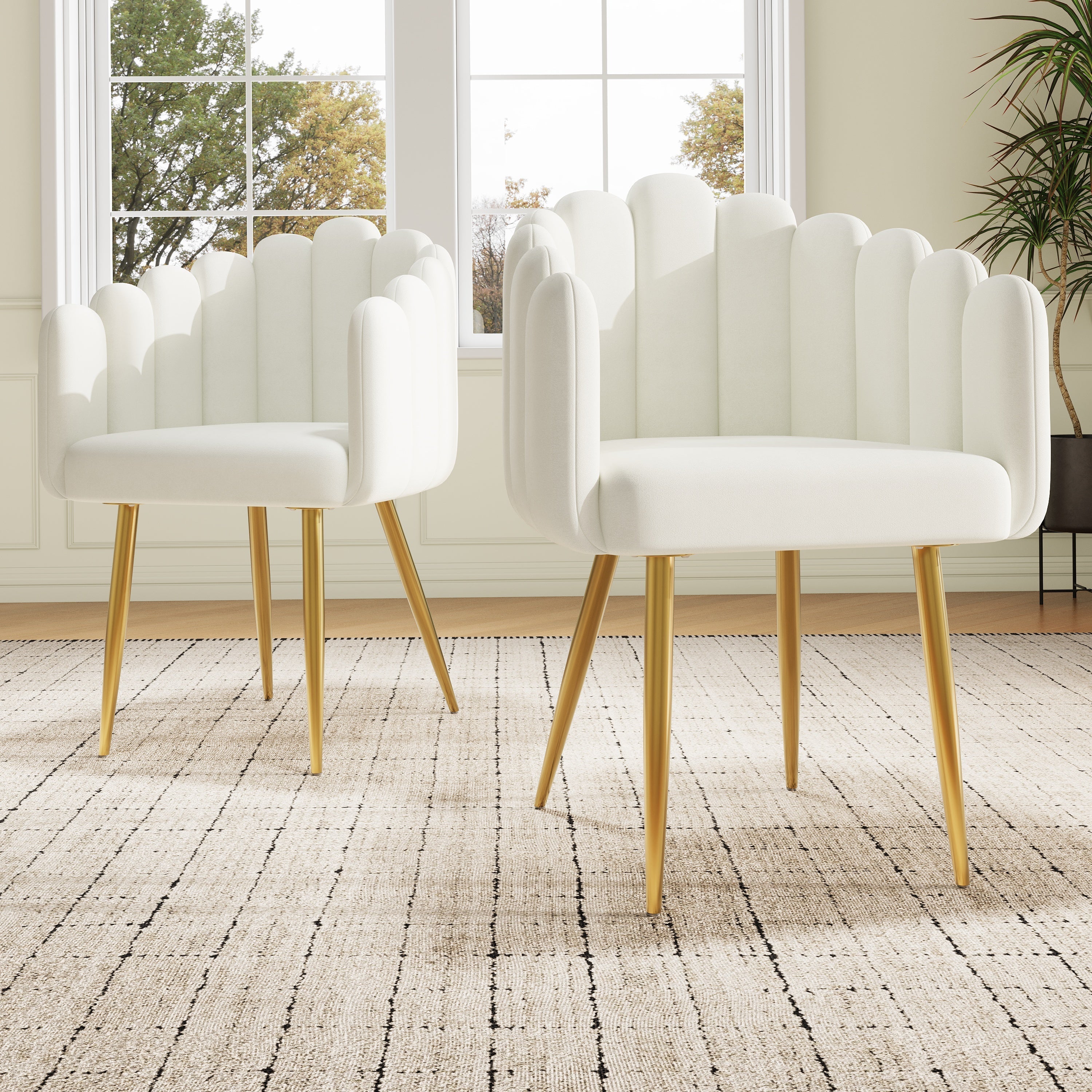Dining Chair Set of 2 Fan-Shaped Adjustable Gold Legs - Velour Fabric