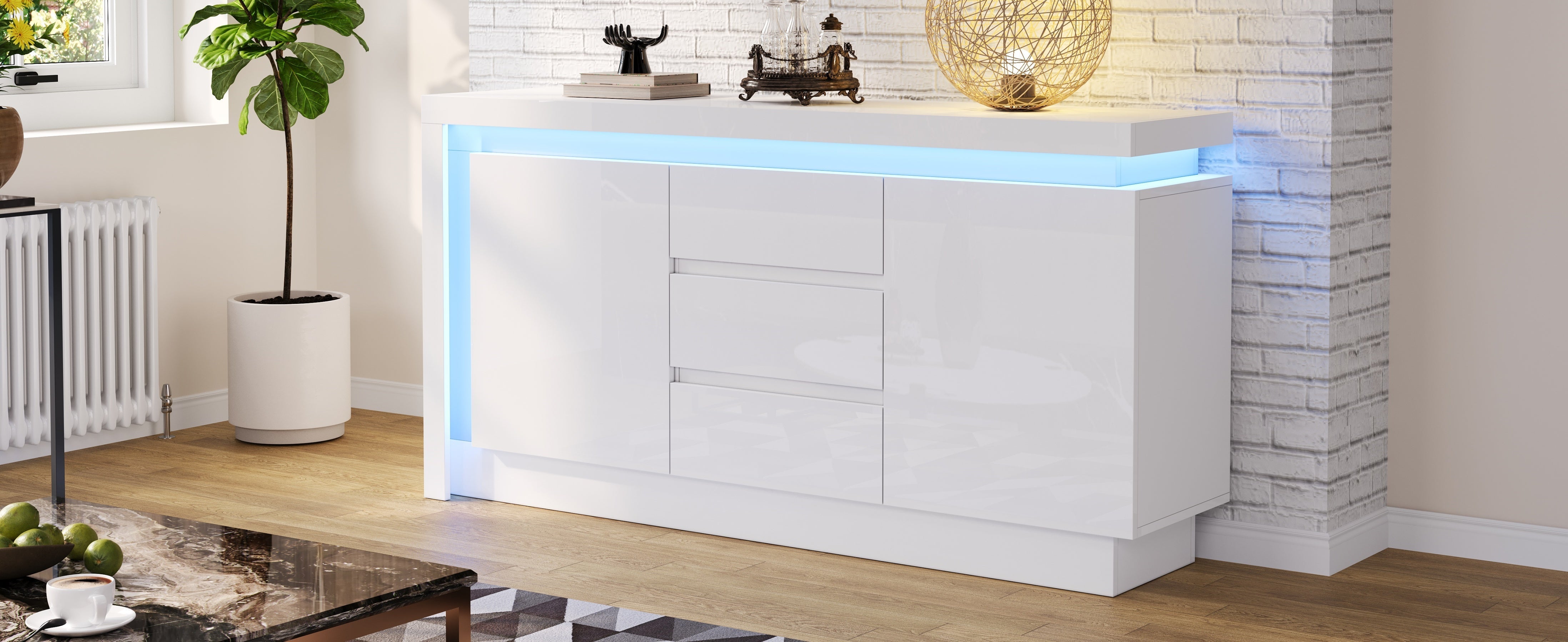 Sideboard, 140x35x72cm, 3 Drawers, 2 Doors, Adjustable Shelves, LED, High-Gloss White
