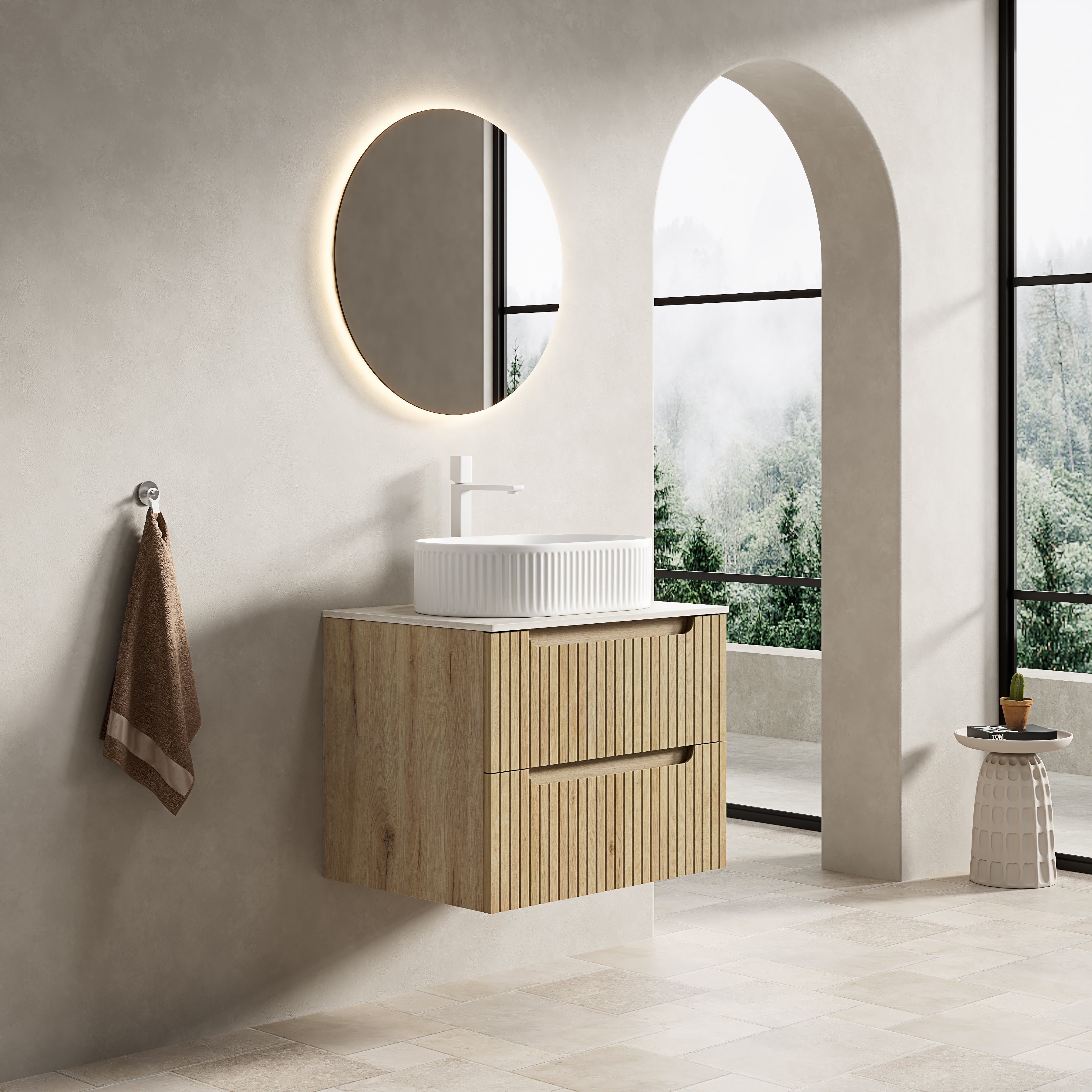 60cm Floating Vanity Oval Sink Sintered Stone Top 2 Drawers - White Oak