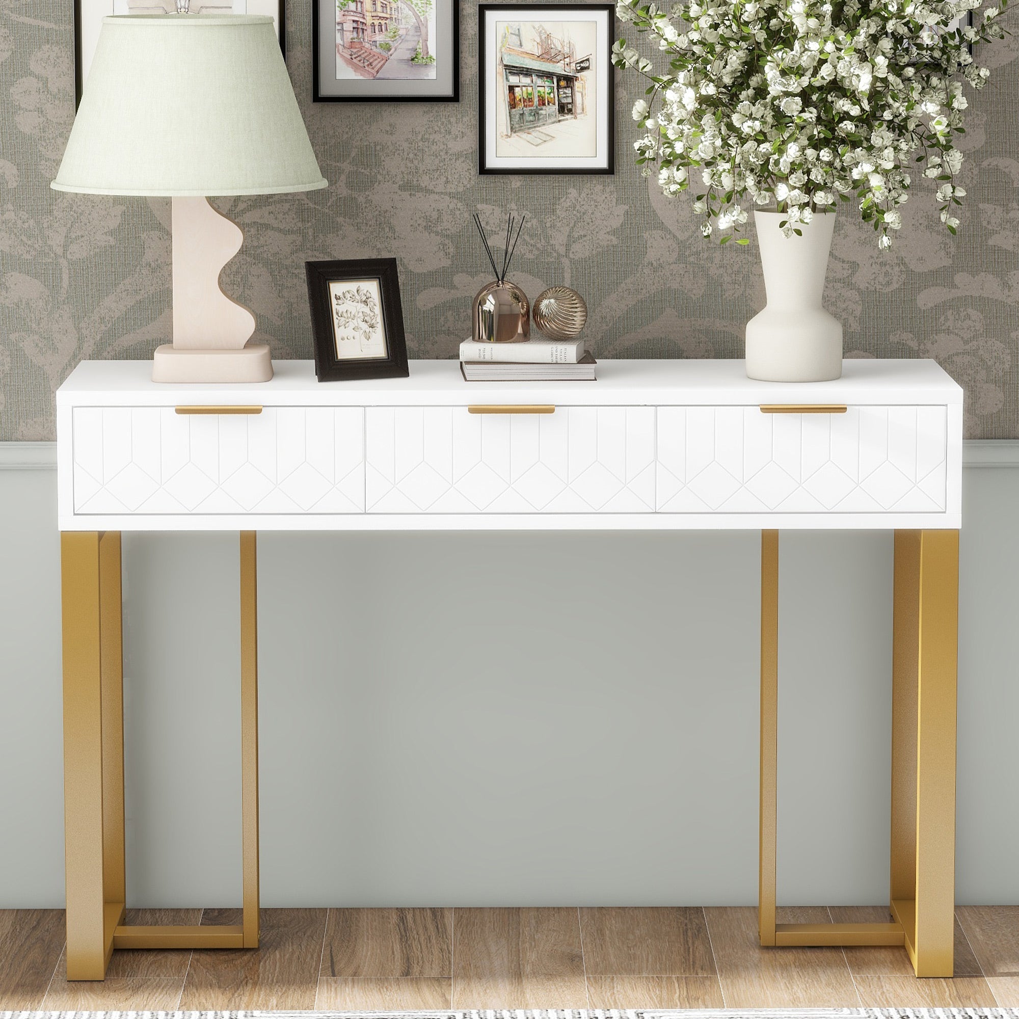 Modern Console Table - Drawers, Adjustable Foot Pads, Elegant Handles - White & Gold