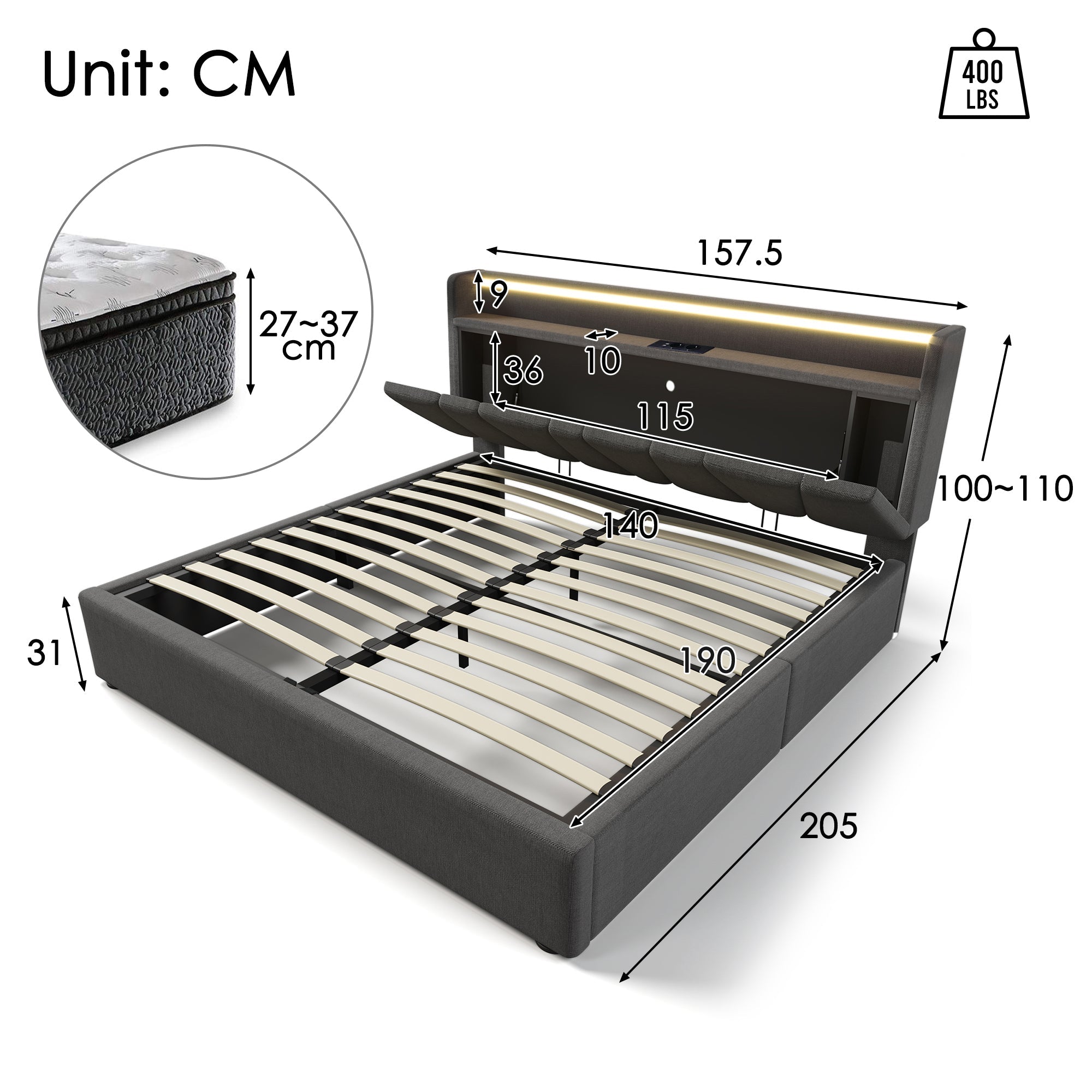 Upholstered Double Bed with USB, Storage Headboard and LED, 140x190cm, Grey Wood