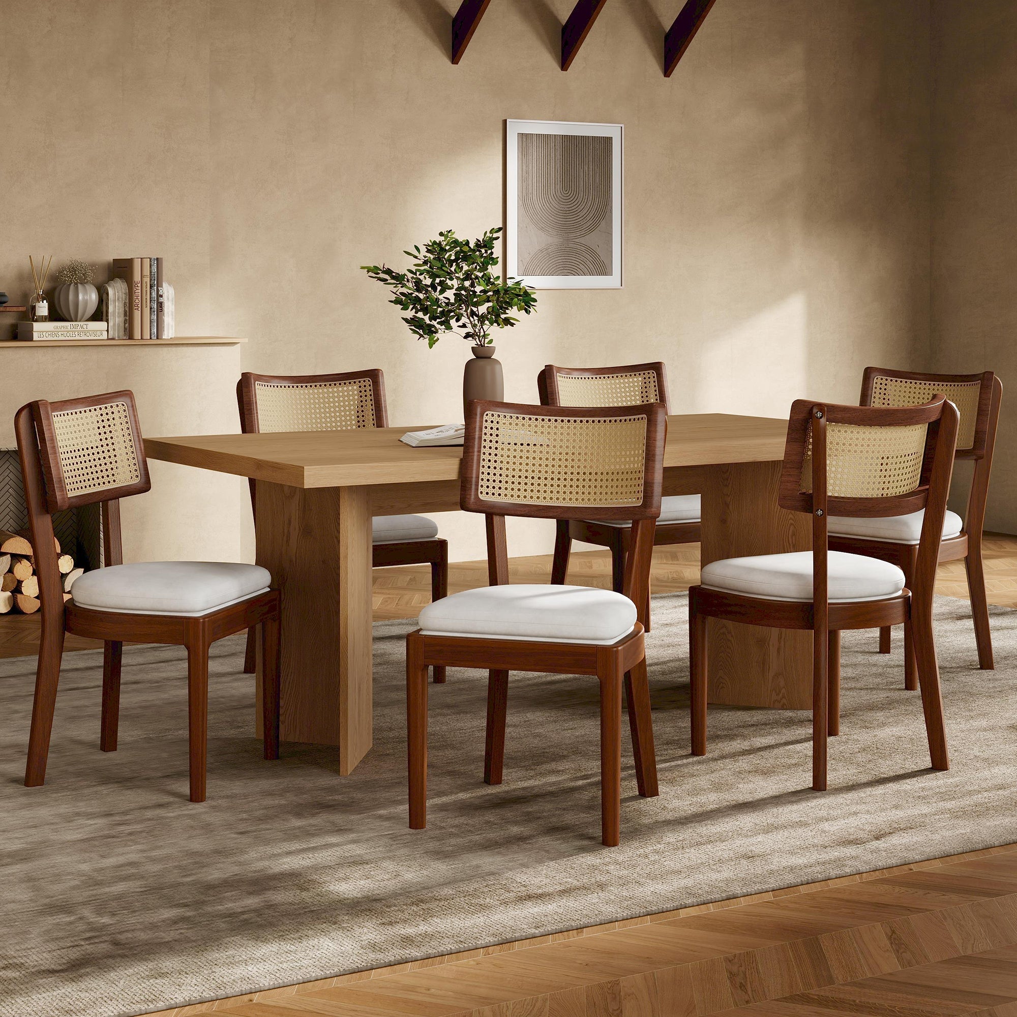 6 Solid Wood Dining Chairs Rattan Backrests Linen - Walnut