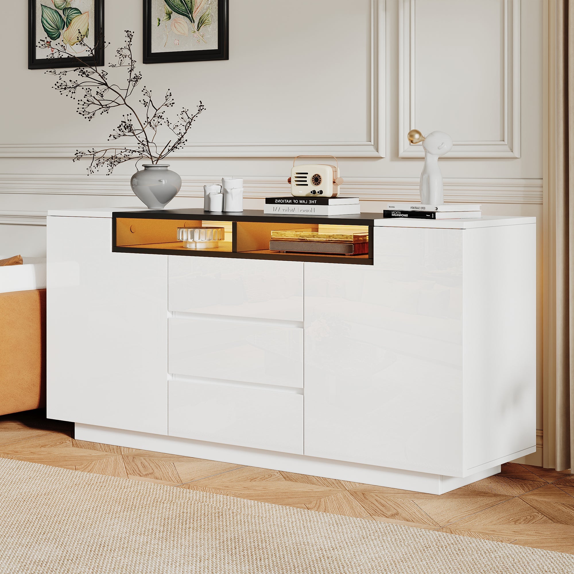 Sideboard Cabinet 140x40x68cm Adjustable Dividers LED Lights 3 Drawers, High-Gloss White/Black