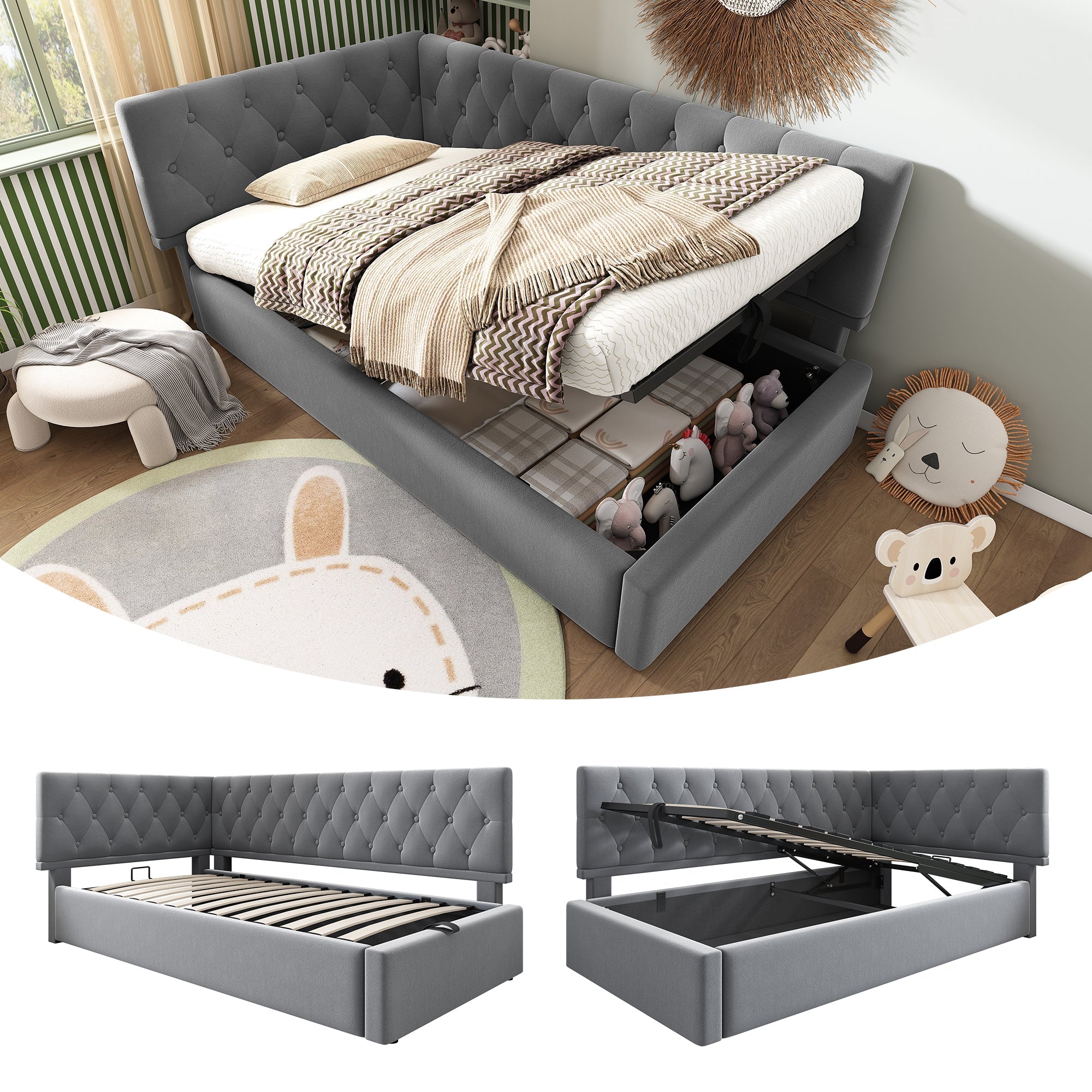 Daybed Upholstered Bed with Storage, 3FT Single Sofa Bed, Hydraulic Storage, Metal Slatted Frame, Velvet, Grey